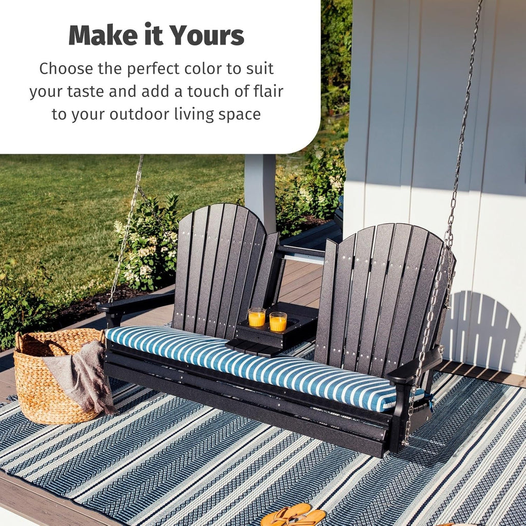 LuxCraft 5' Adirondack Hanging Porch Swing with Flip Down Console, Outdoor Patio Swing, Front Porch Swing, Outdoor Swing Bench (Aruba Blue & Black)