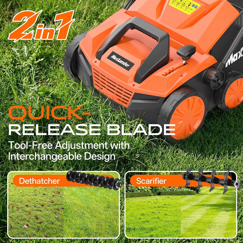 MAXLANDER 2-in-1 Electric Dethatcher and Scarifier, 15 Inch 13 Amp Corded Lawn Dethatcher with 5-Position Depth Adjustment, 45L Removable Collection Bag, Walk Behind Machine for Garden Yard Grass