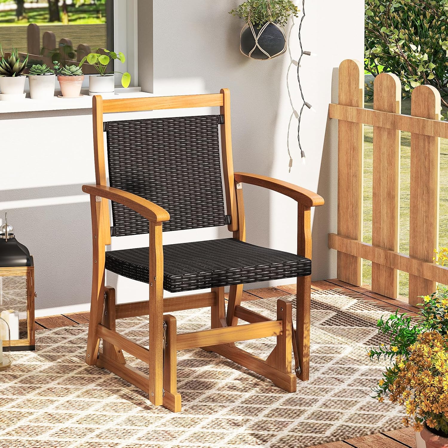 Tangkula Patio Rattan Glider Chair, Swing Gliding Rocker w/Acacia Wood Frame & Wicker Seat Back, Outdoor Rocking Armchair w/Curved Armrests for Porch, Backyard, Poolside (1 Seat-2 Pack)