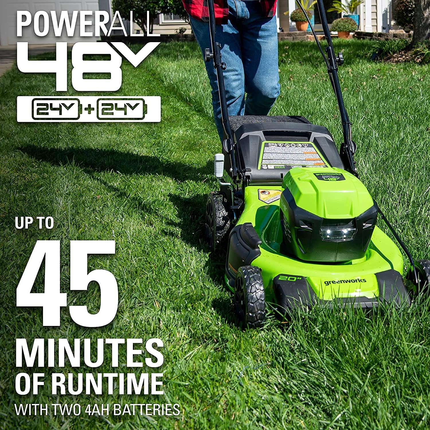 Greenworks 48V (2 x 24V) 20' Brushless Cordless Push Lawn Mower + 24V Brushless Drill / Driver, (2) 4.0Ah USB Batteries (USB Hub) and Dual Port Rapid Charger Included