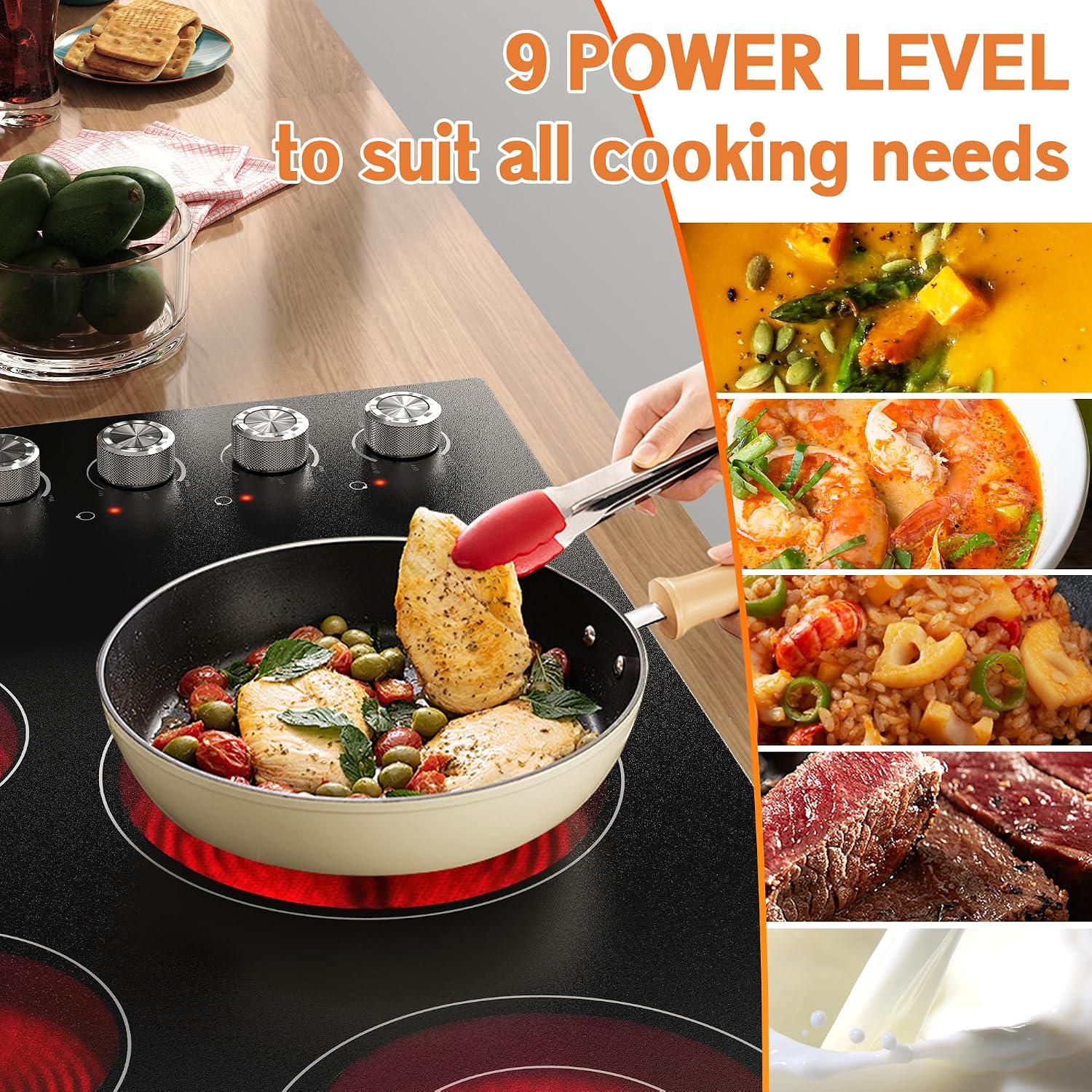 Karinear 36' Electric Cooktop 5 Burners, Knob Control Electric Stove Top, 9 Power Levels, Residual Heat Indicator, 8400W, 40A, 240V Hardwire(Sliver)
