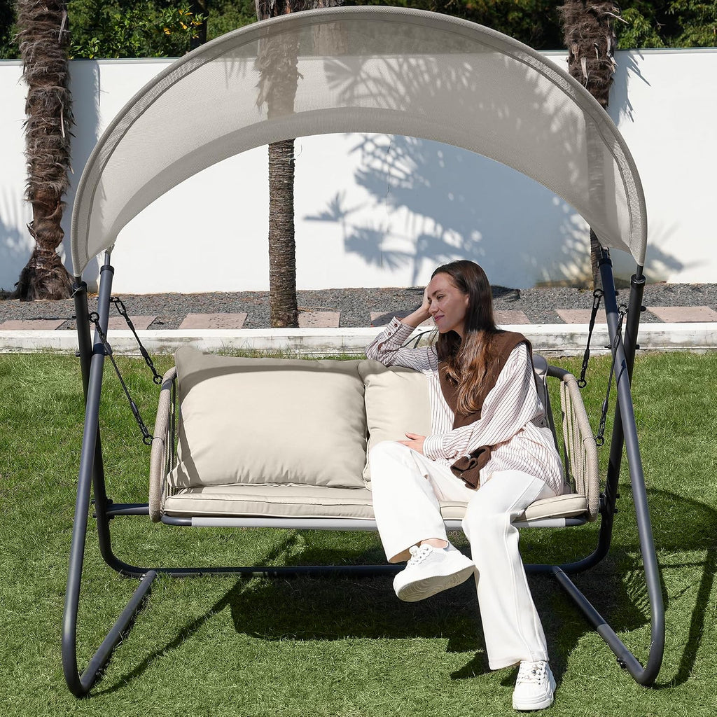 2-Seat Outdoor Porch Swing, Patio Swing with Canopy, Hanging Glider Bench with Thicken Cushions and Pillow, Patio Hammock Lounge Chair for Backyard Porch Garden Deck, Beige