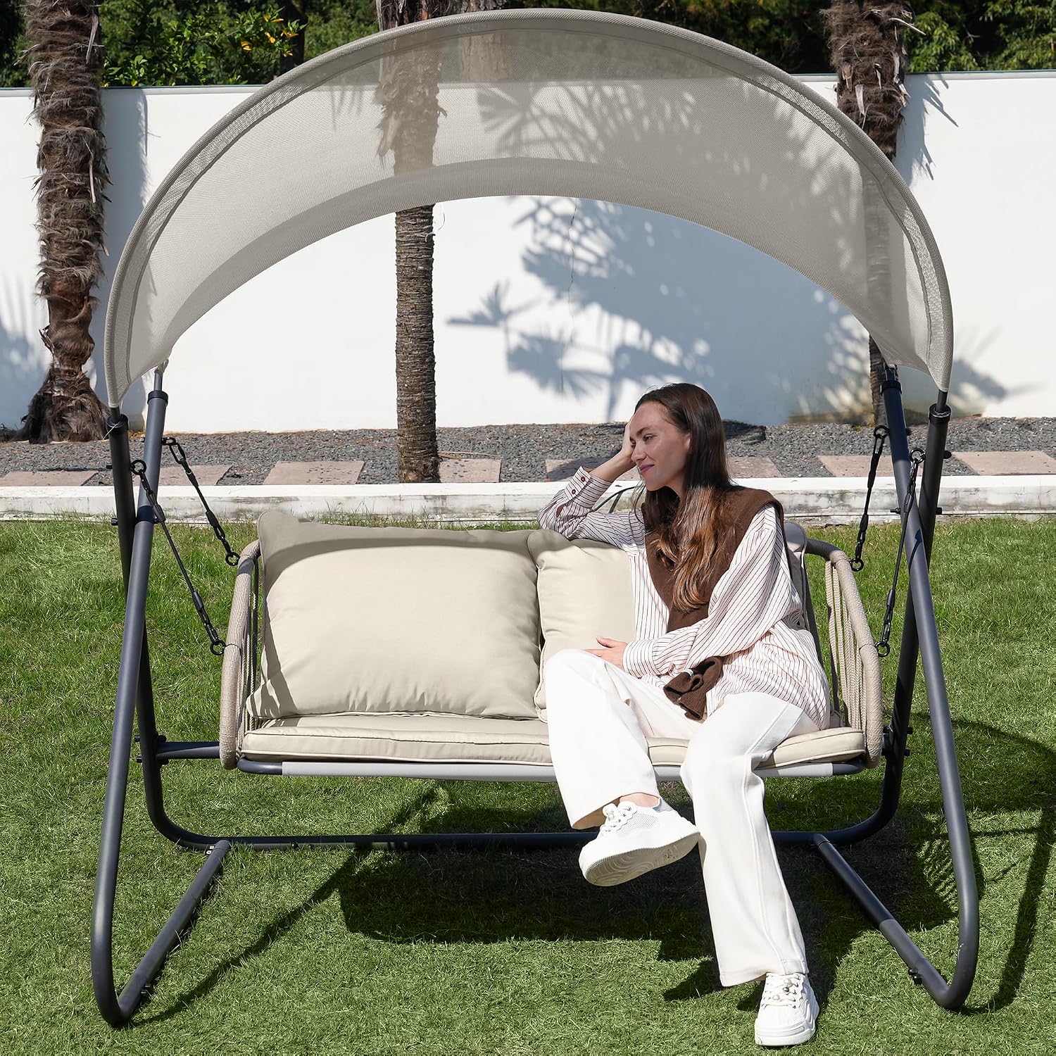 2-Seat Outdoor Porch Swing, Patio Swing with Canopy, Hanging Glider Bench with Thicken Cushions and Pillow, Patio Hammock Lounge Chair for Backyard Porch Garden Deck, Beige