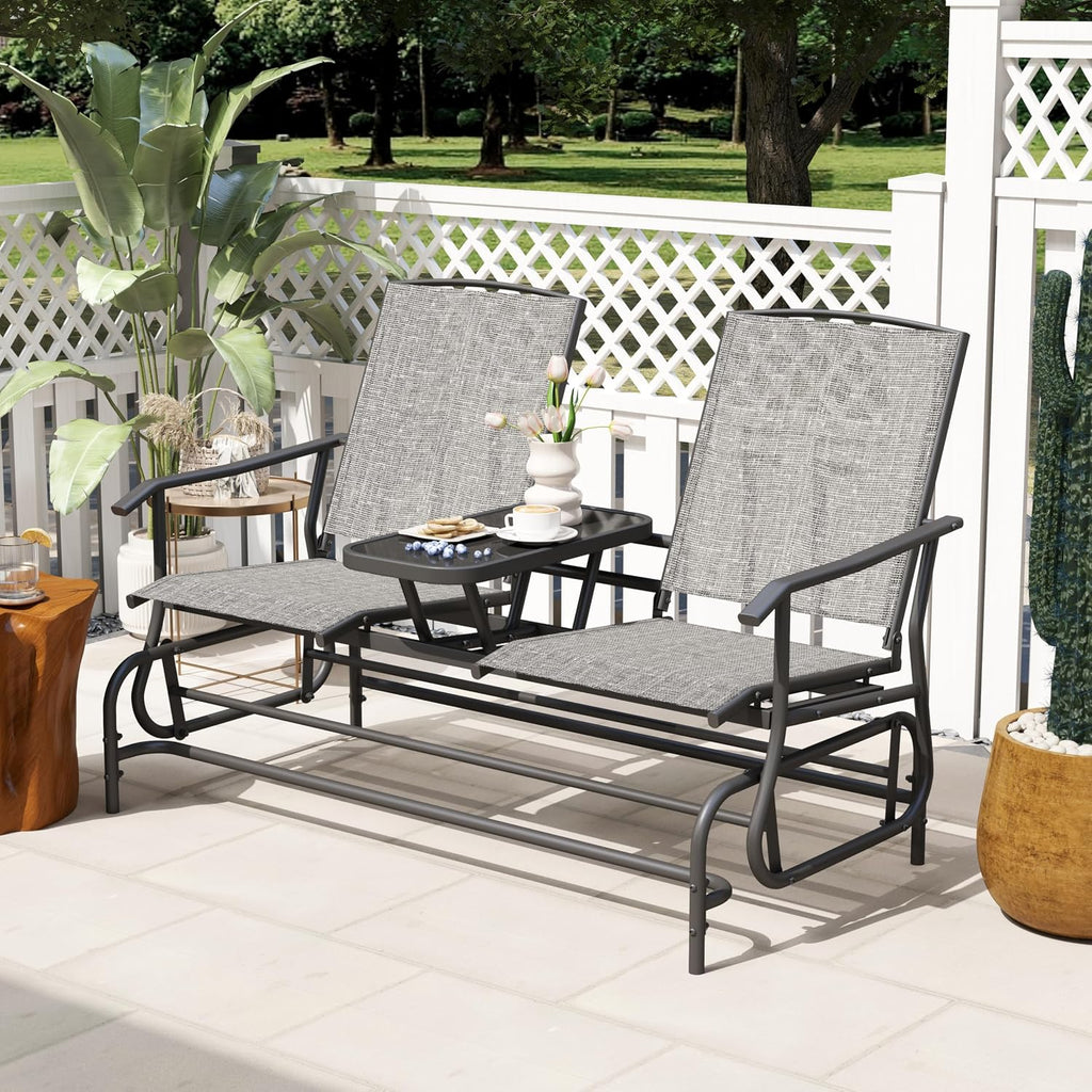 Tangkula 2 Person Swing Glider Chair, Patio Rocking Loveseat w/Center Tempered Glass Table, Outdoor Swing Bench w/Steel Frame & Breathable Mesh Fabric for Porch, Balcony, Poolside (Grey)