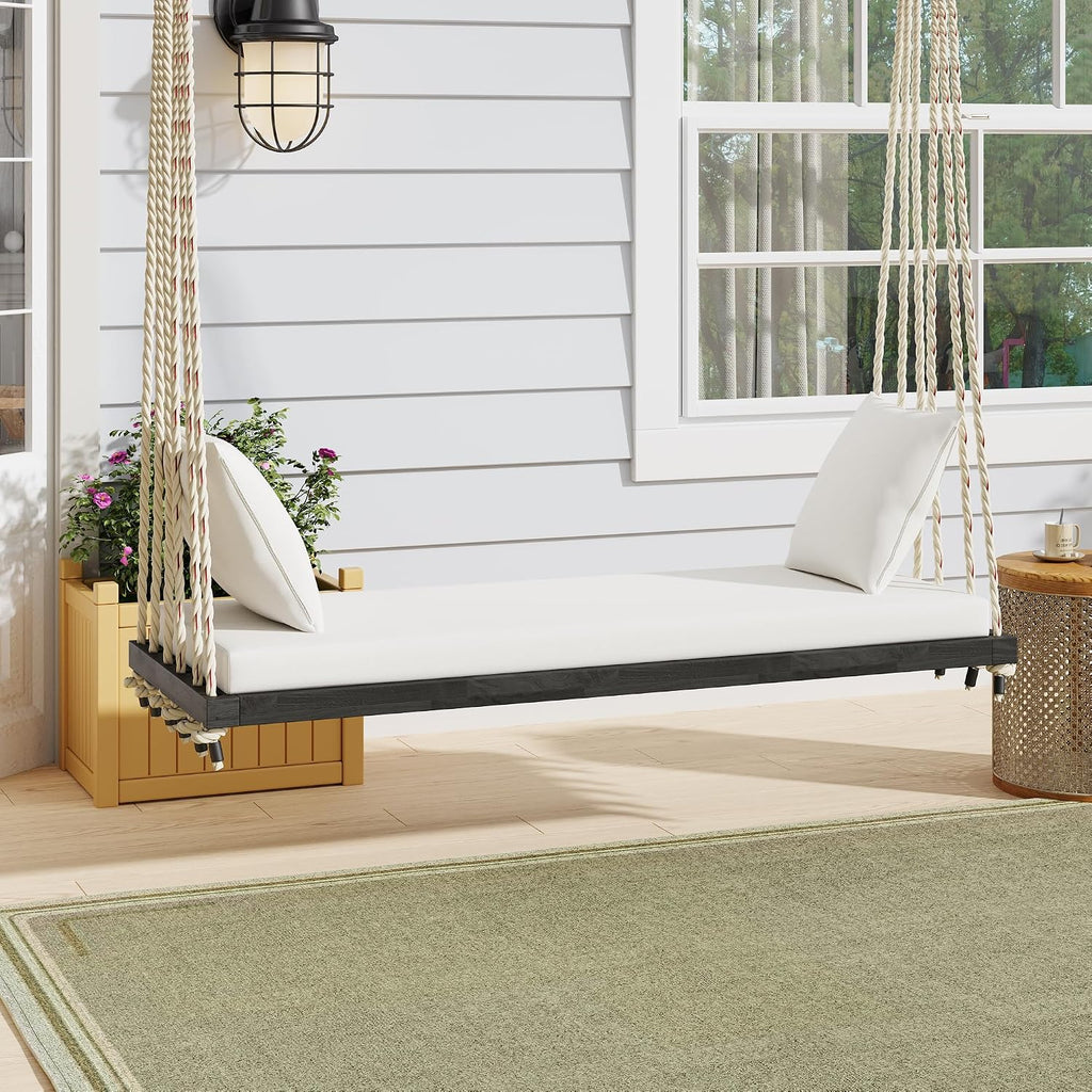 YOPTO Acacia Wood Porch Swing Bench with Cushion & Pillows, 63' Outdoor Hanging Bench for 2 Adults, Rustic Heavy Duty 10.8ft Ropes Swing Daybed for Patio Backyard Garden, White