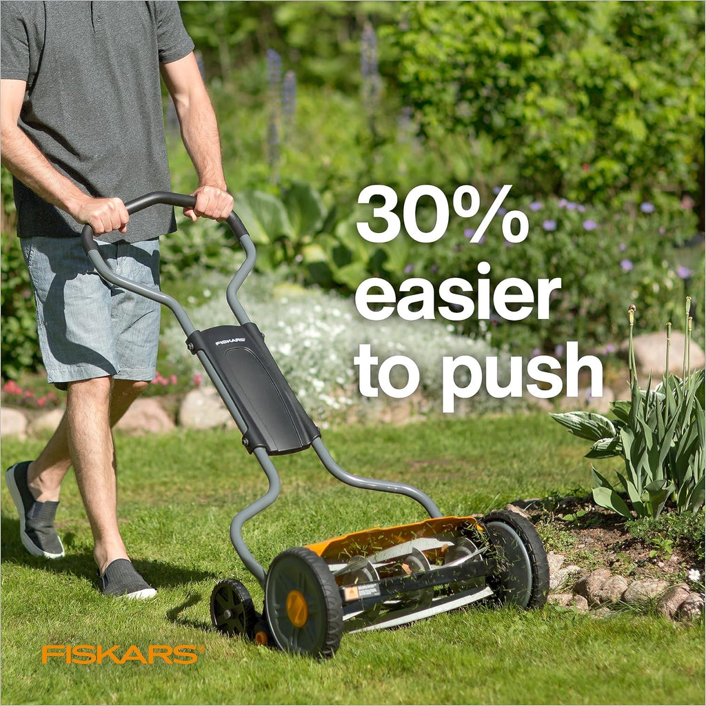 Fiskars Push Mower - 17' Cut Width Manual Reel Mower with No Motor - Grass Cutter with Steel Blades that Stay Sharp - Eco-Friendly Cordless Grass Trimmer for Lawn Care