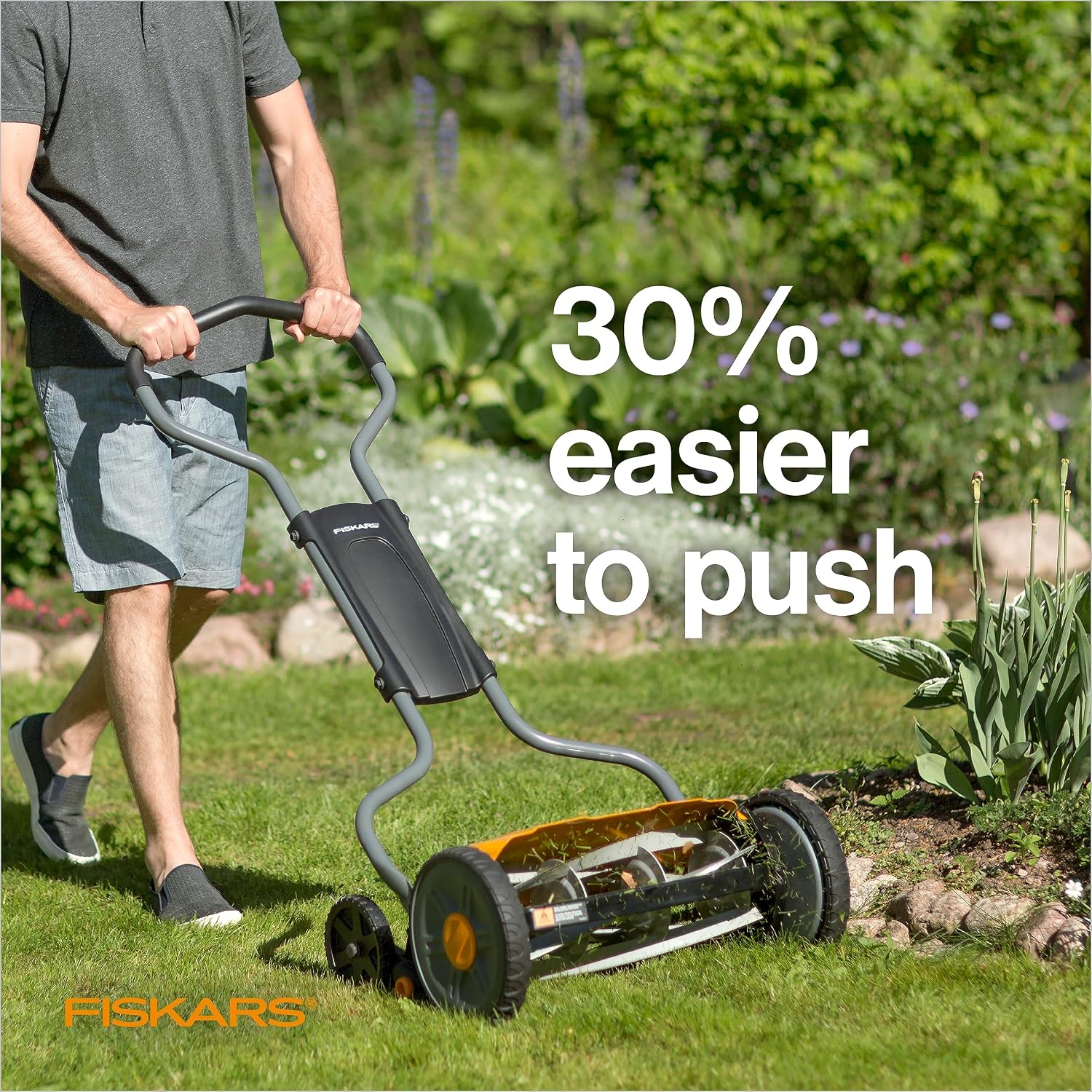 Fiskars Push Mower - 17' Cut Width Manual Reel Mower with No Motor - Grass Cutter with Steel Blades that Stay Sharp - Eco-Friendly Cordless Grass Trimmer for Lawn Care