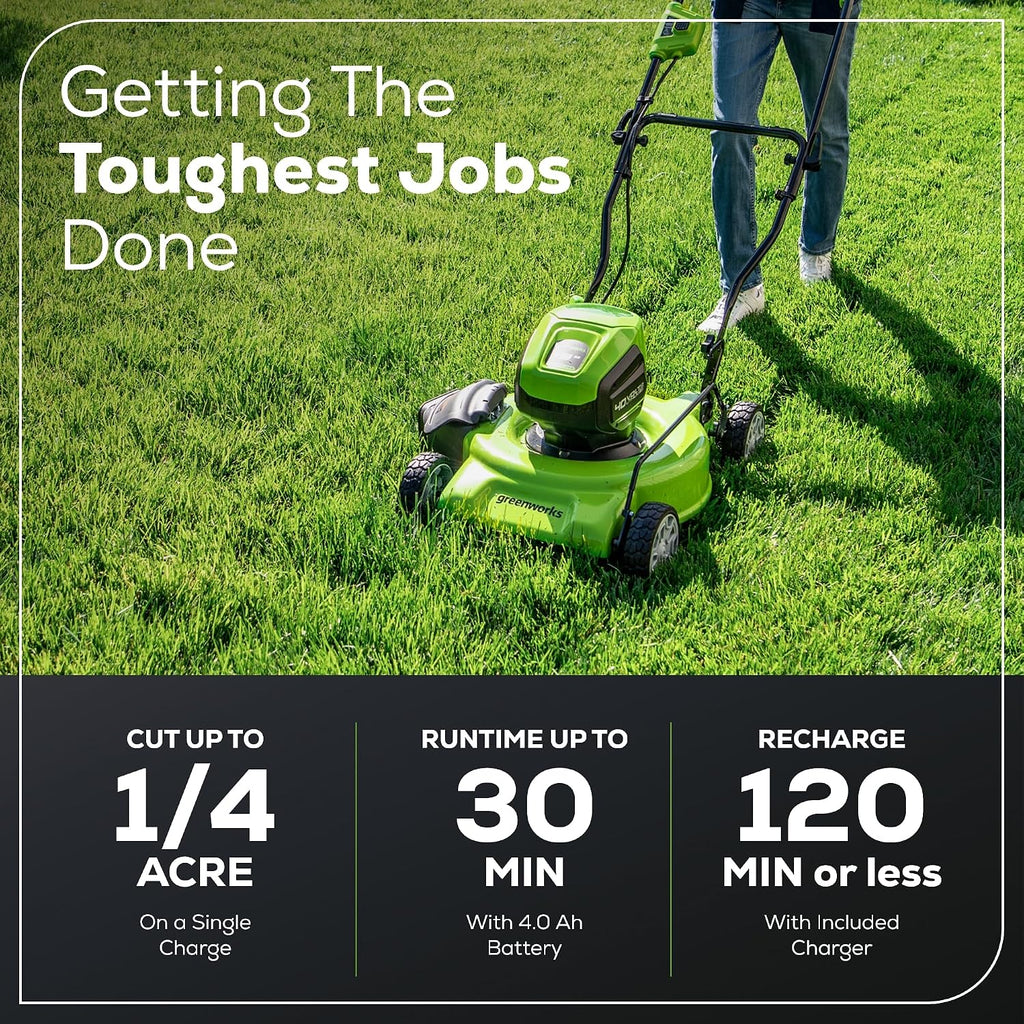 Greenworks 40V 19' Brushless (Push) Cordless Lawn Mower, 4.0Ah Battery and Charger