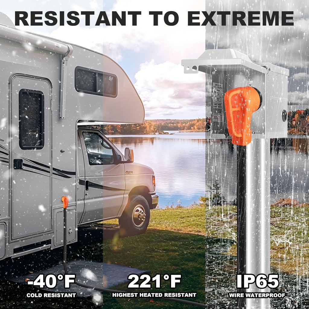 30FT 50 Amp RV Extension Cord Outdoor with Grip Handle, 125/250V, 12500W, 4 Prong, Heavy Duty 6/3+8/1 Gauge STW, NEMA 14-50P to 14-50R with Cord Organizer, UL&ETL Listed