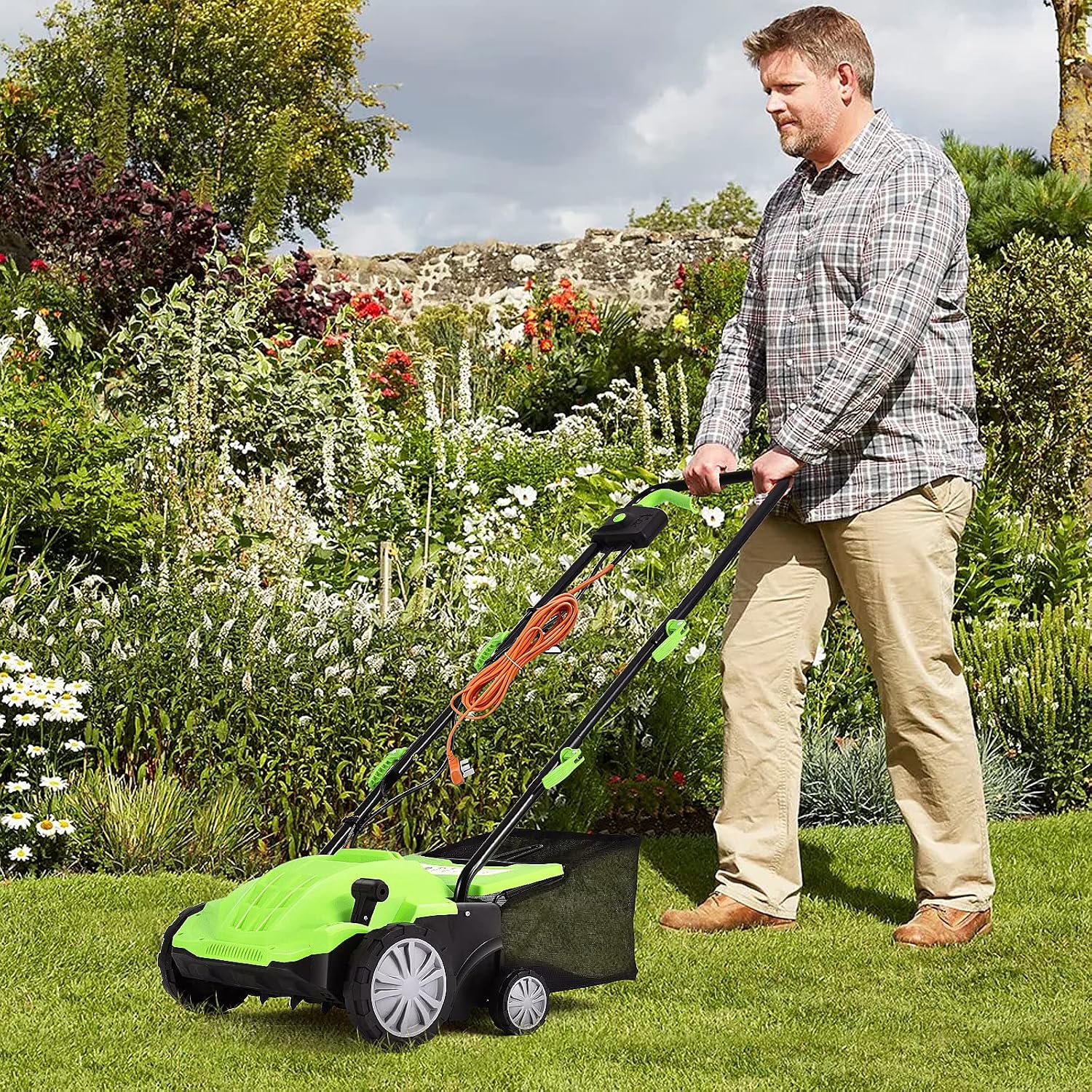 Goplus 2-in-1 Lawn Dethatcher and Scarifier, 3 Level Depth Adjustable Weeder w/ 11 Gallon Collection Bag & 2 Removable Blades, 13-Inch 12 Amp Corded Electric Scarifier for Garden & Yard