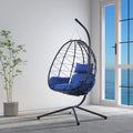 KEIKI Hanging Egg Chair with Stand, Outdoor Patio Swing Egg Basket with Cushion, 350LBS Load Rattan Wicker Hammock for Balcony, Bedroom, Living Room, Navy Blue