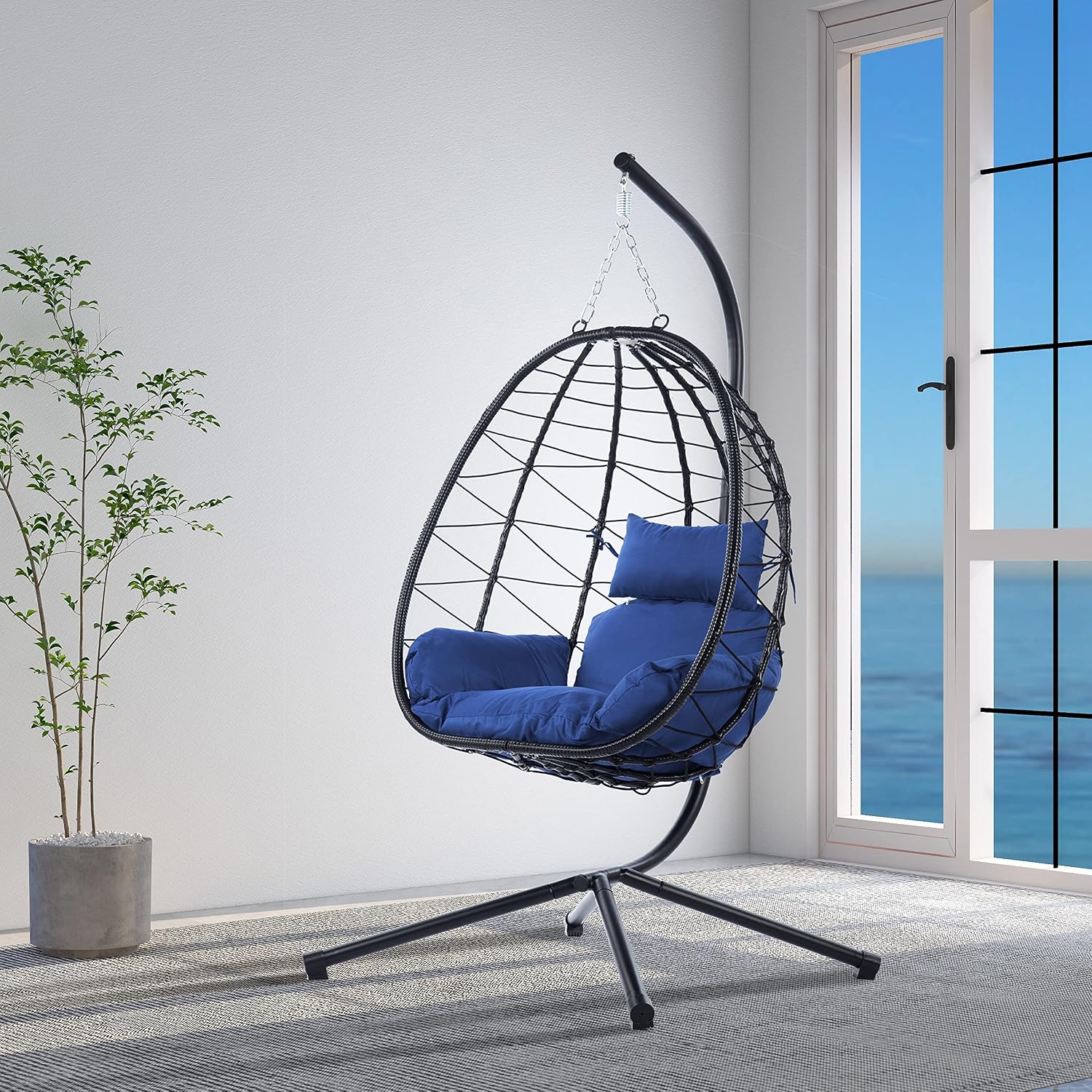KEIKI Hanging Egg Chair with Stand, Outdoor Patio Swing Egg Basket with Cushion, 350LBS Load Rattan Wicker Hammock for Balcony, Bedroom, Living Room, Navy Blue