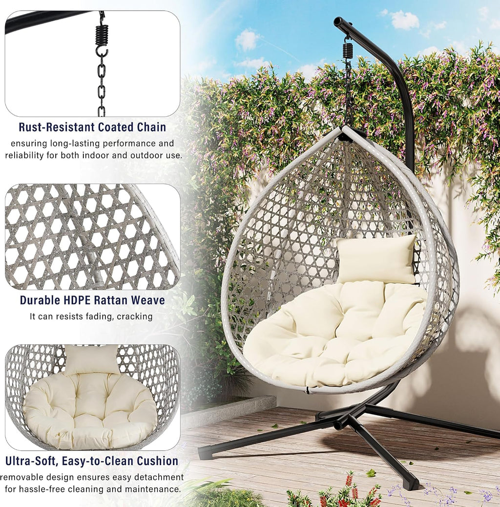 Single Hammock Chair with Stand Durable Hanging Egg Chair with Rattan Weaving, Indoor Outdoor Swing Chairs with Soft Removable Cushion for Balcony, Bedroom, Patio, or Garden, Grey+Beige