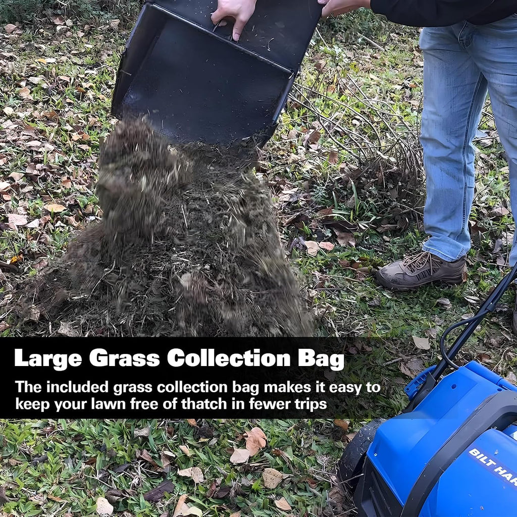 BILT HARD 16 Inch Dethatcher Scarifier Electric Powered, 15 Amp Copper Motor, 5-Position Depth Adjustment, 14.5 gal Thatch Bag, 2 in 1 Walk Behind Thatch Removing Machine for Lawn