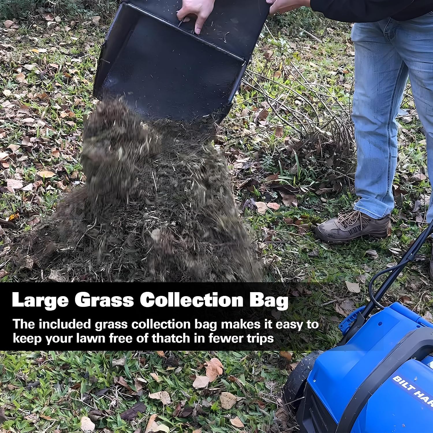 BILT HARD 16 Inch Dethatcher Scarifier Electric Powered, 15 Amp Copper Motor, 5-Position Depth Adjustment, 14.5 gal Thatch Bag, 2 in 1 Walk Behind Thatch Removing Machine for Lawn