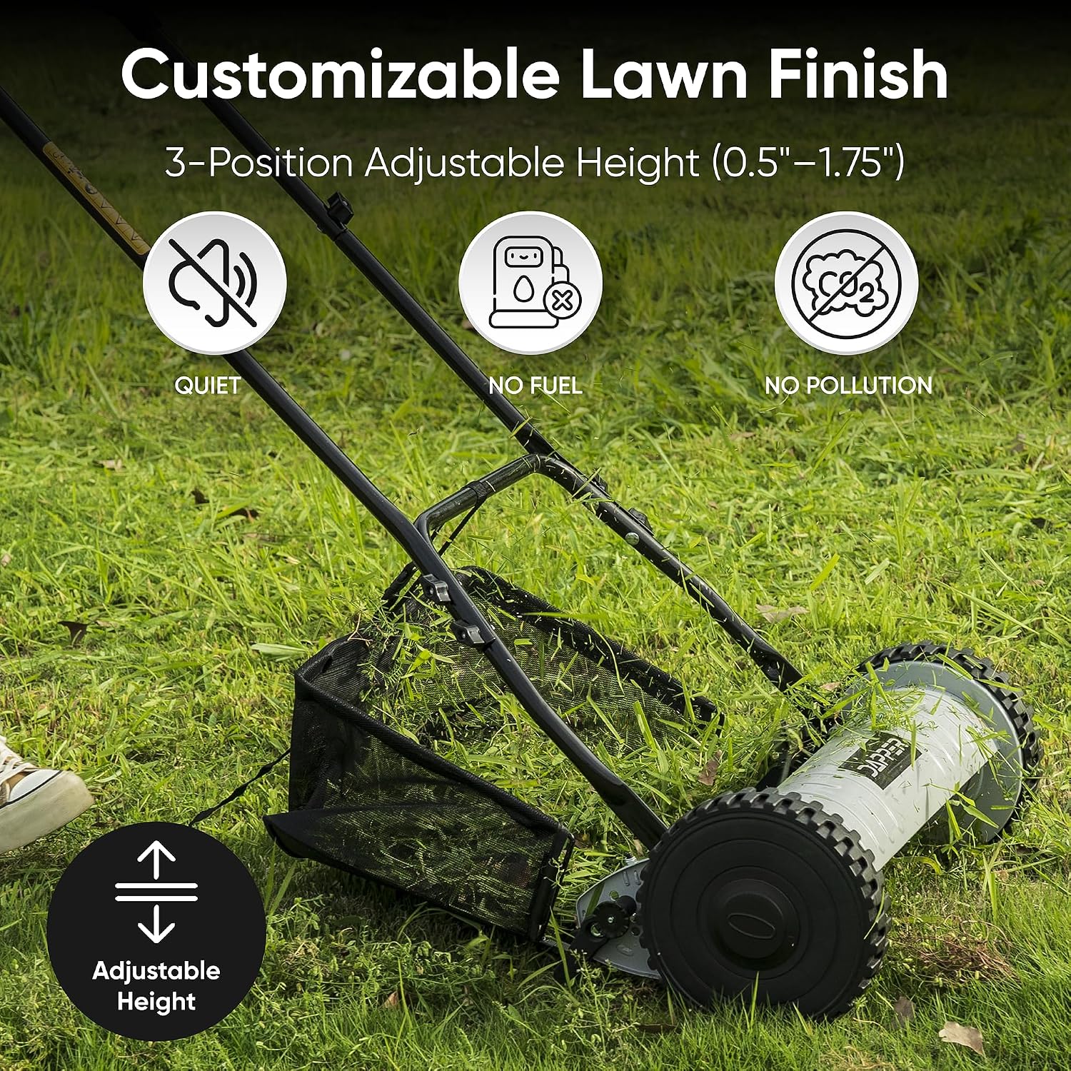 16' Push Reel Lawn Mower with Grass Catcher – Manual 5-Blade Hand Mower, Adjustable 3-Position Cutting Height (0.5'–1.75'), Lightweight & Eco-Friendly – 1-Year Warranty