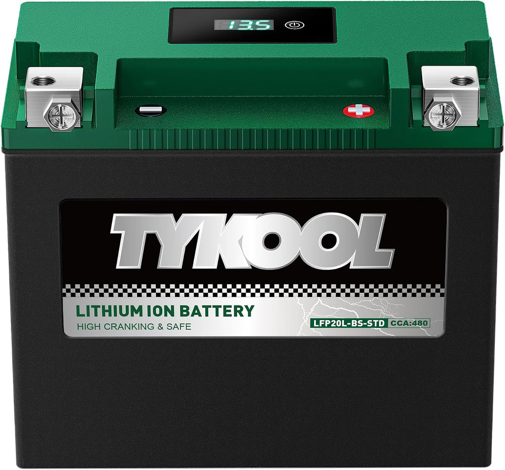 TYKOOL LFP20L-BS-STD Lithium Battery, Replaces YTX20L-BS, 480CCA 8Ah Fits for ATV UTV Motorcycle PWC Snowmobile, Compatible with Polaris Sportsman 570 Ranger 500 Honda TRX680, Digital Readout [- +]