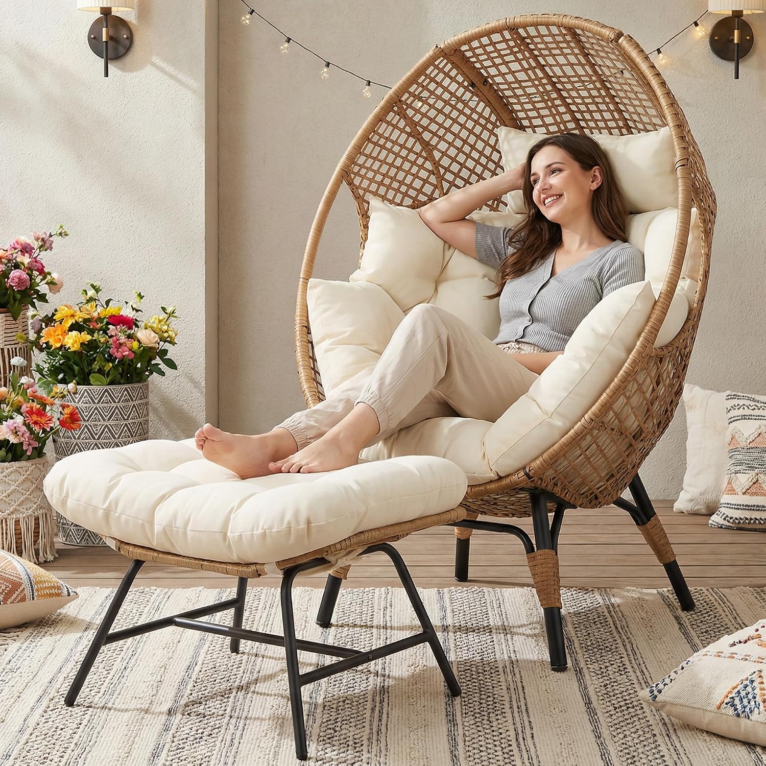 NICESOUL Indoor Outdoor Egg Chair with Ottoman, Comfy Thick Cushioned Egg-Basket Lounge Chair w/Footrest, 440lbs Eggshell Chairs with Foot Rest, Boho Chair for Patio, Balcony, Bedroom, Sunroom, Beige