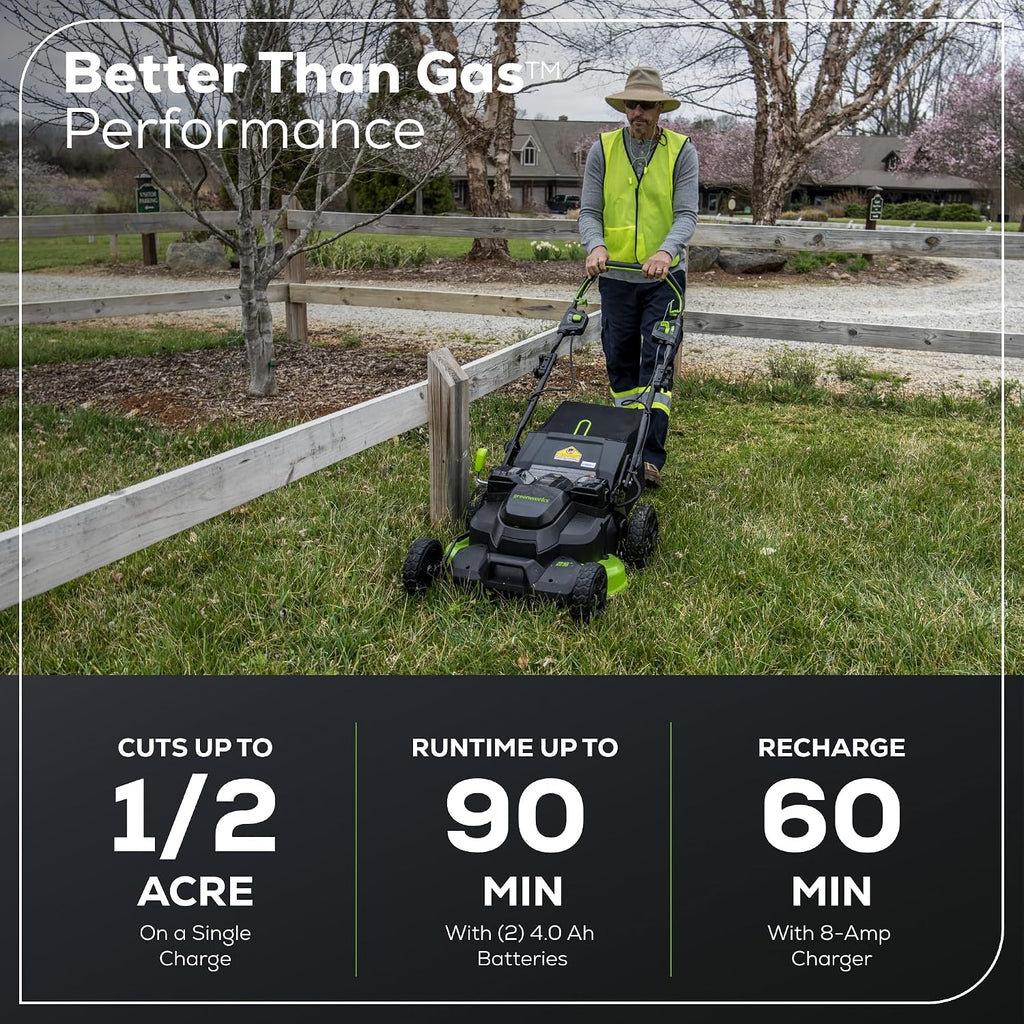 Greenworks 82V 25' Brushless (Self-Propelled) Cordless Lawn Mower, (2) 4.0Ah Batteries and Dual Port Rapid Charger (Great for Landscapers and Professionals)