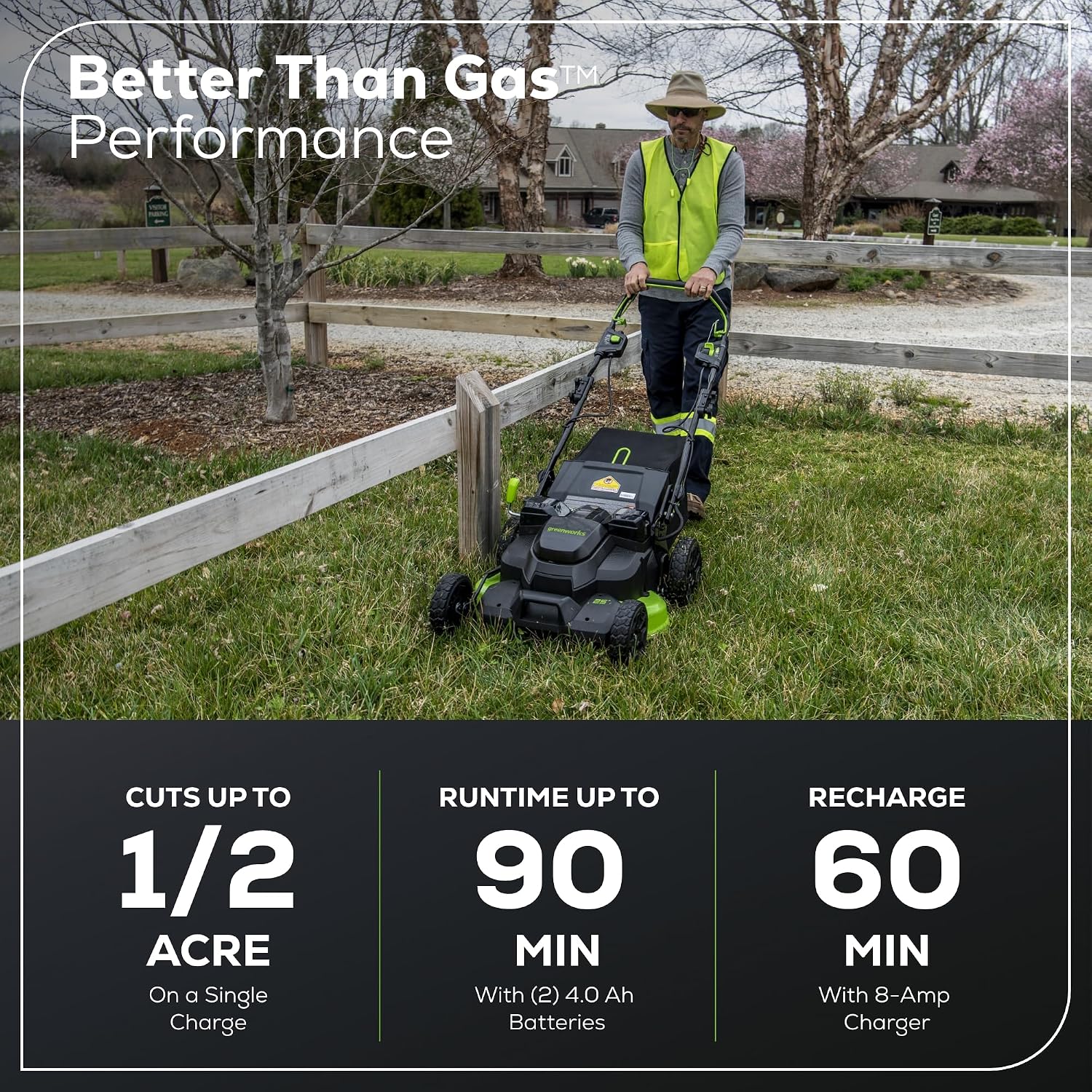 Greenworks 82V 25' Brushless (Self-Propelled) Cordless Lawn Mower, (2) 4.0Ah Batteries and Dual Port Rapid Charger (Great for Landscapers and Professionals)