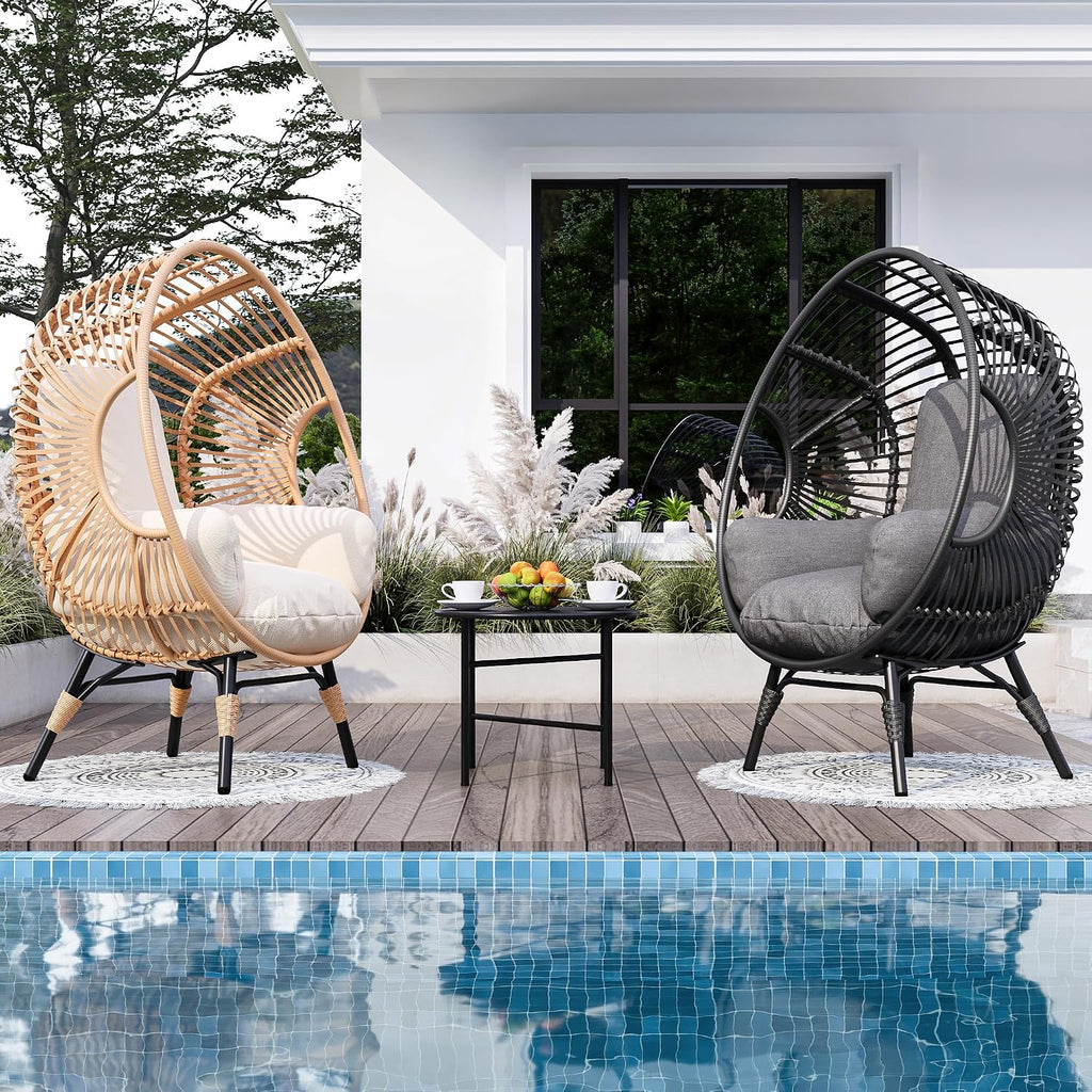 Oversized Wicker Egg-Chair Outdoor Indoor Rattan Patio Egg Lounge Chairs with Cushion 500lbs Capacity for Living Room, Balcony, Backyard(Beige)