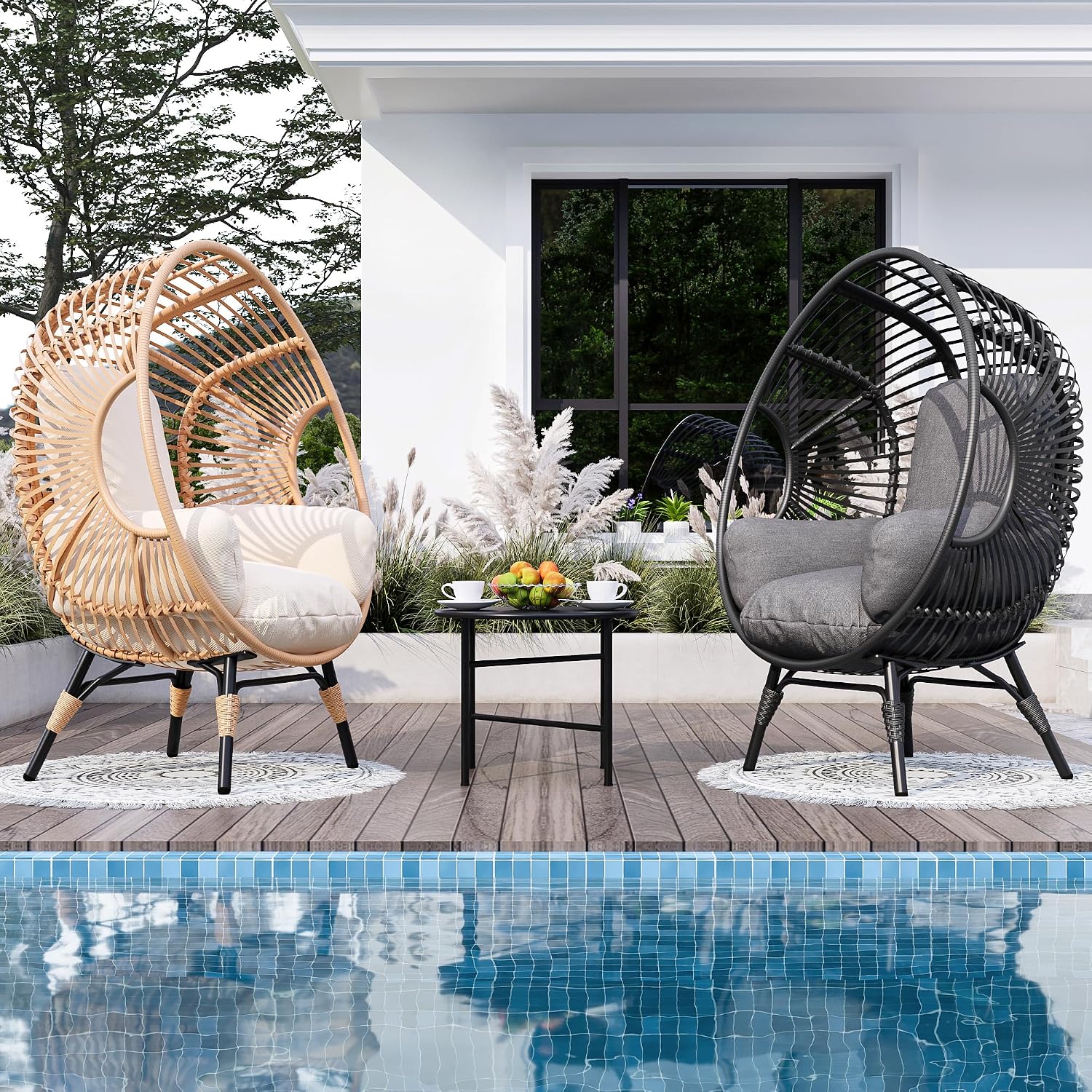 Oversized Wicker Egg-Chair Outdoor Indoor Rattan Patio Egg Lounge Chairs with Cushion 500lbs Capacity for Living Room, Balcony, Backyard(Beige)