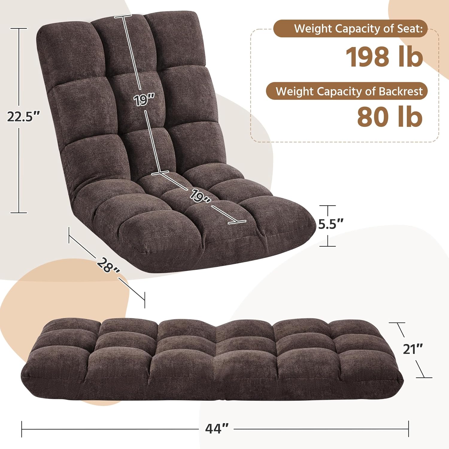 Yaheetech Floor Folding Chair with Back Support, Padded Folding Gaming Sofa Chair with 14 Adjustable Backrest, Adults Couch Recliner, Floor Seating Lounge Chair, Armless Meditation Chair, Brown, 2PCS