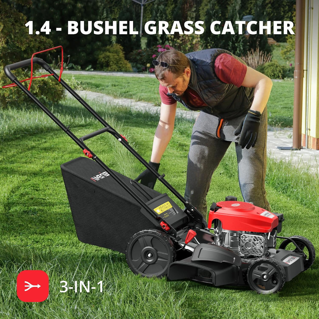 AMERISUN 21-Inch Gas Lawn Mower Self Propelled with 170cc OHV Engine, 3-in-1 Cutting System, 6-Level Height Adjustment, 1.4-Bushel Grass Catcher, Foldable Handle for Easy Storage