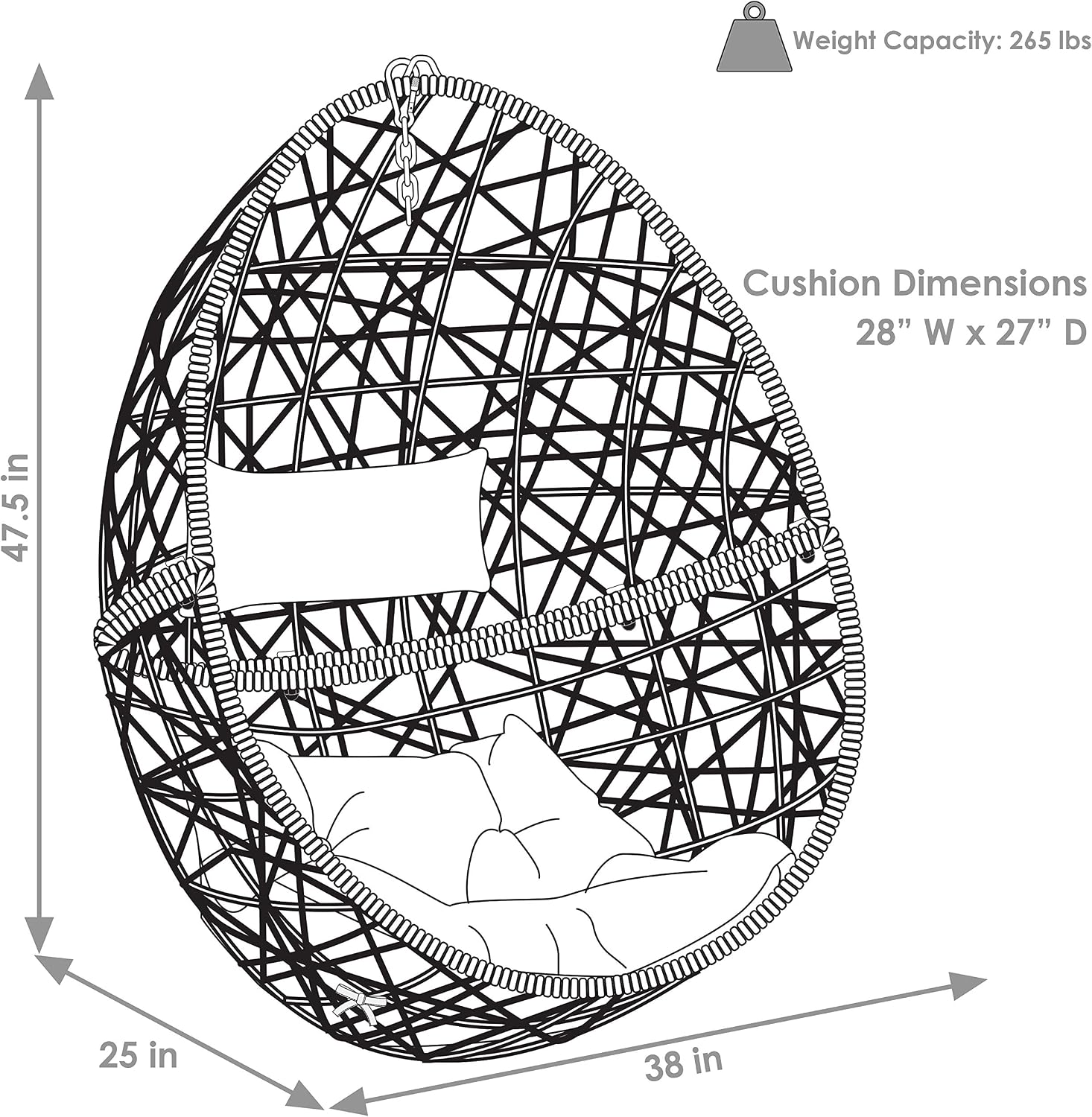 Sunnydaze Caroline Hanging Resin Wicker Egg Chair - 265-Pound Weight Capacity - Removable Gray Polyester Cushions