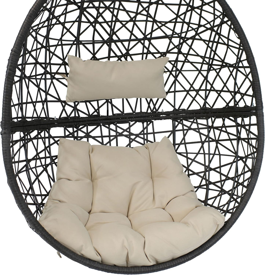 Sunnydaze Caroline Hanging Resin Wicker Egg Chair - 265-Pound Weight Capacity - Removable Beige Polyester Cushions