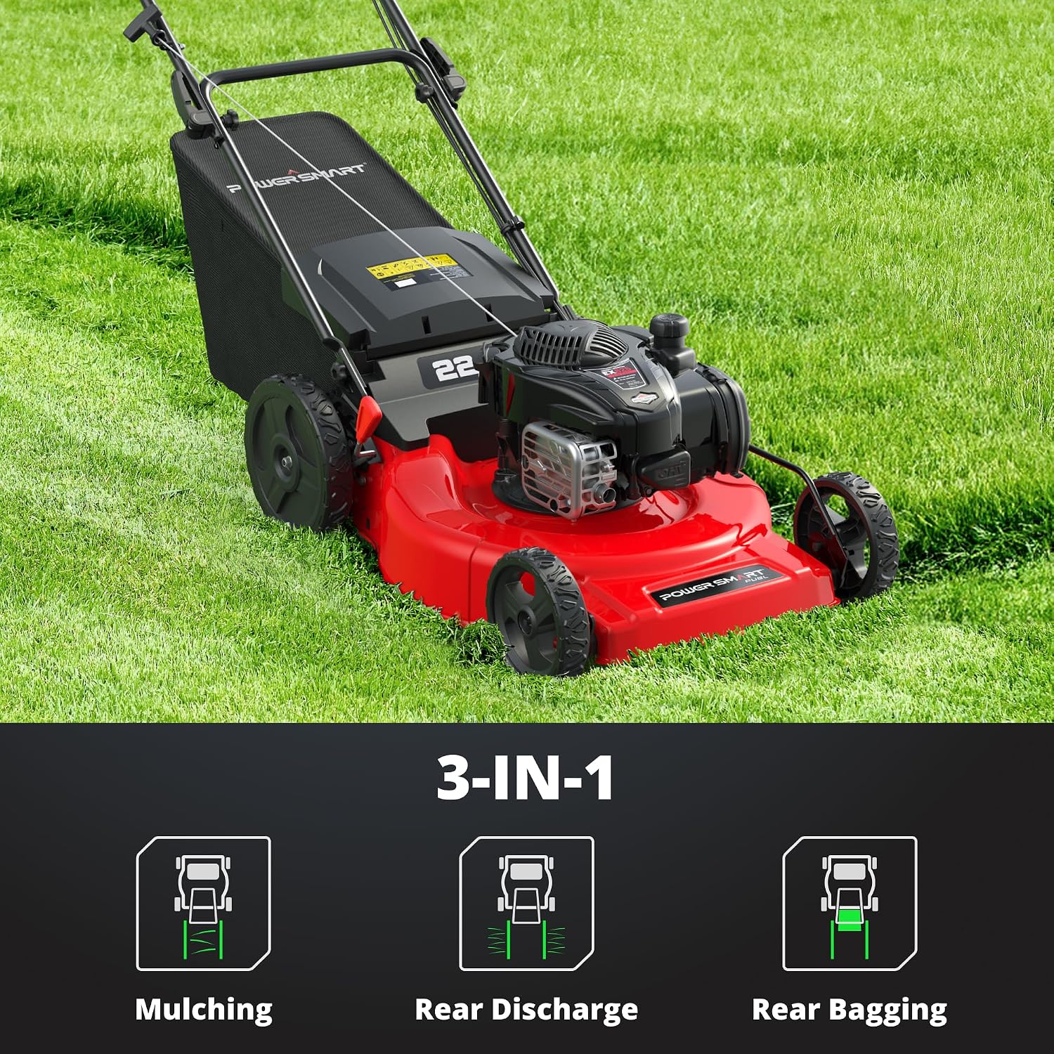 PowerSmart 22-Inch Gas Lawn Mower, 150cc B&S Engine, Self-Propelled, 3-in-1 Mulching System, 6 Cutting Heights, Rear-Wheel Drive, Durable Steel Deck