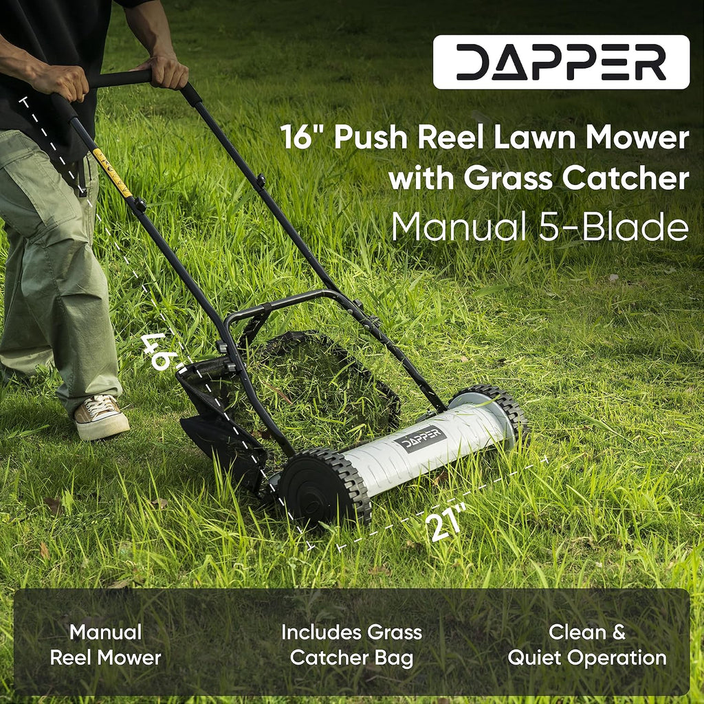 16' Push Reel Lawn Mower with Grass Catcher – Manual 5-Blade Hand Mower, Adjustable 3-Position Cutting Height (0.5'–1.75'), Lightweight & Eco-Friendly – 1-Year Warranty