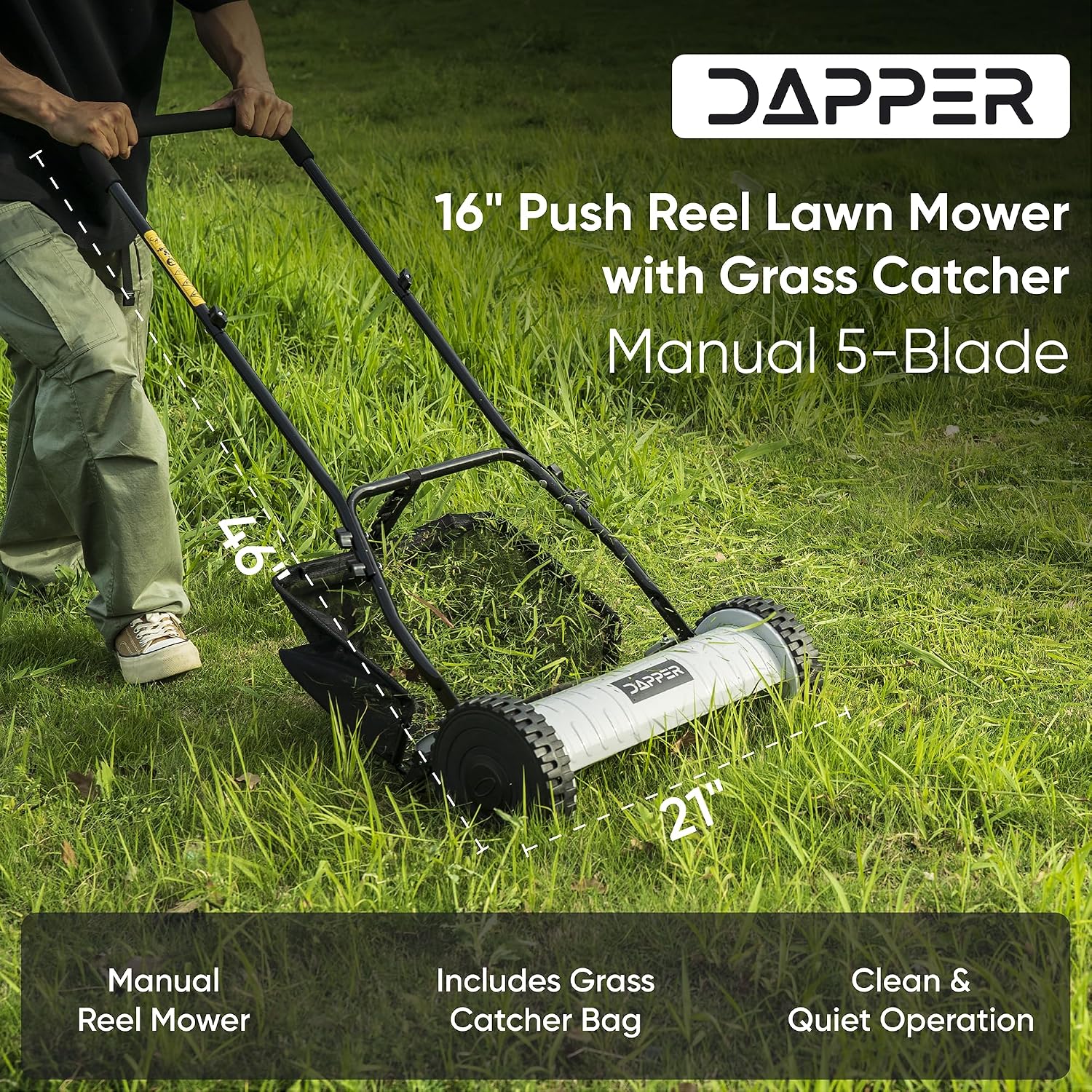16' Push Reel Lawn Mower with Grass Catcher – Manual 5-Blade Hand Mower, Adjustable 3-Position Cutting Height (0.5'–1.75'), Lightweight & Eco-Friendly – 1-Year Warranty