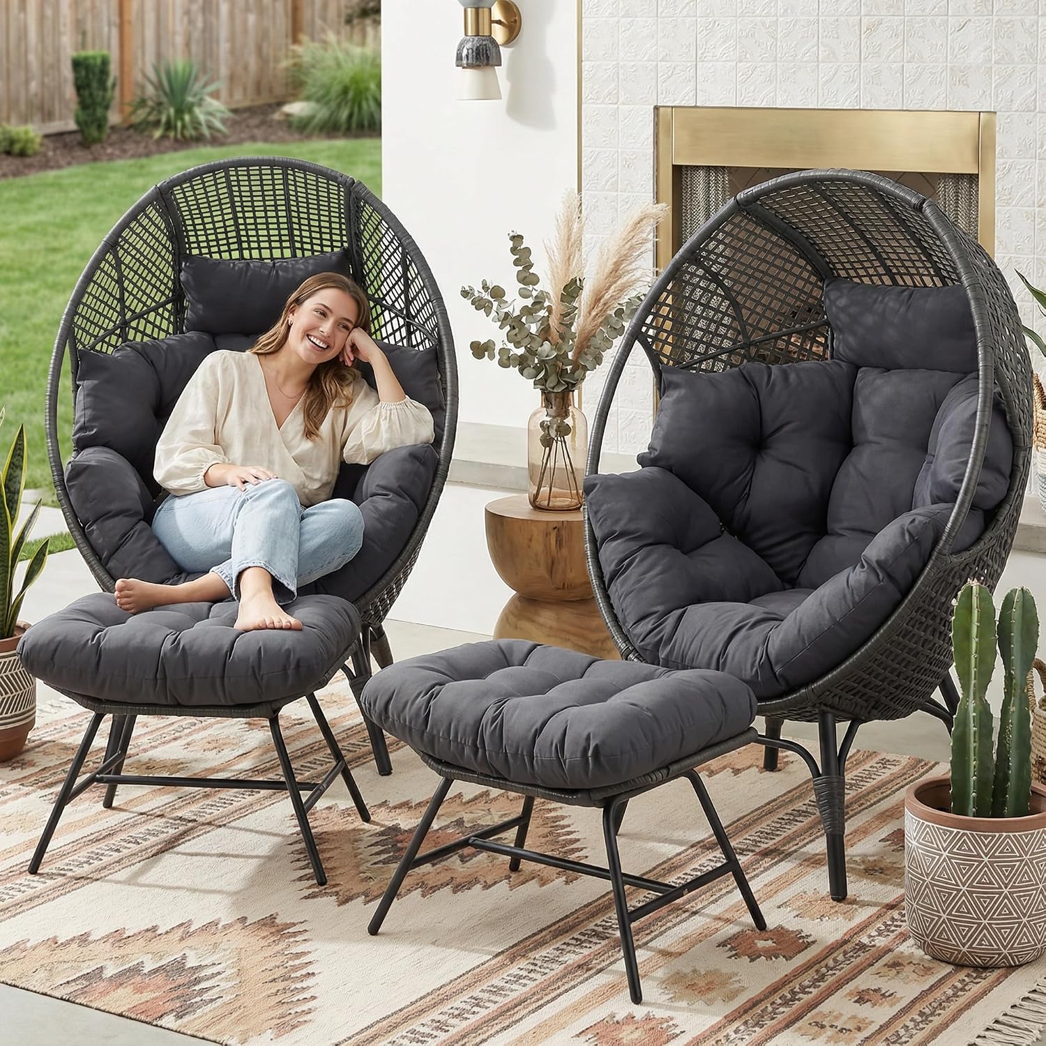 NICESOUL Outdoor Egg Chair with Footrest, XL Large Cushioned Double Egg Seat w/Legs for 2 People, 440lbs Egg-Shape Lounge Chair w/Ottoman Set of 2, Modern Stationary Patio Seating for Reading, Grey