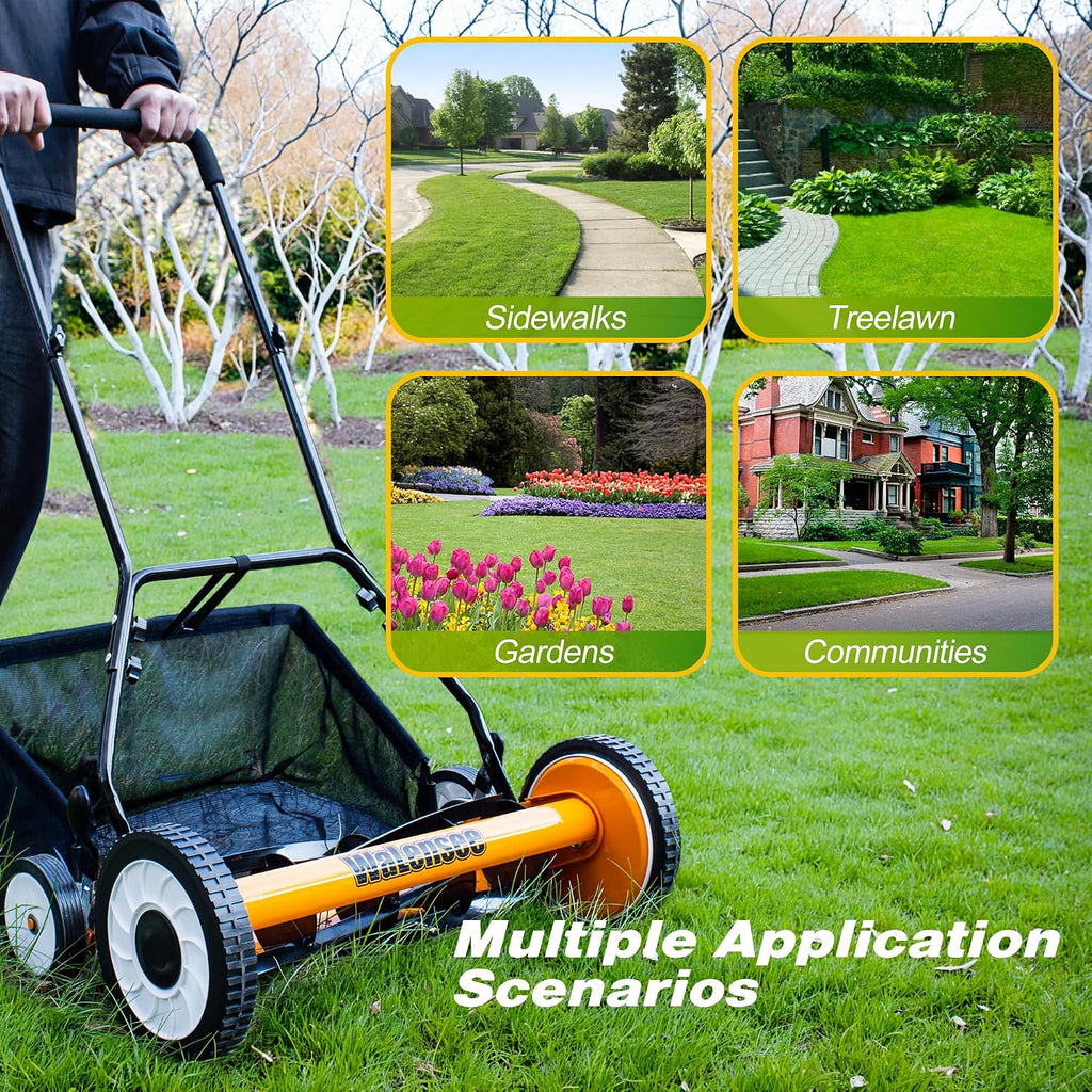 Walensee 20-Inch 5-Blade Push Reel Lawn Mower, Cordless Manual Reel Lawn Mower Walk-Behind Steel Lawn Mowers with Removable 11.8-Gallon Grass Catcher, Sponge Grip, 9-Position Cutting Height Adjustment