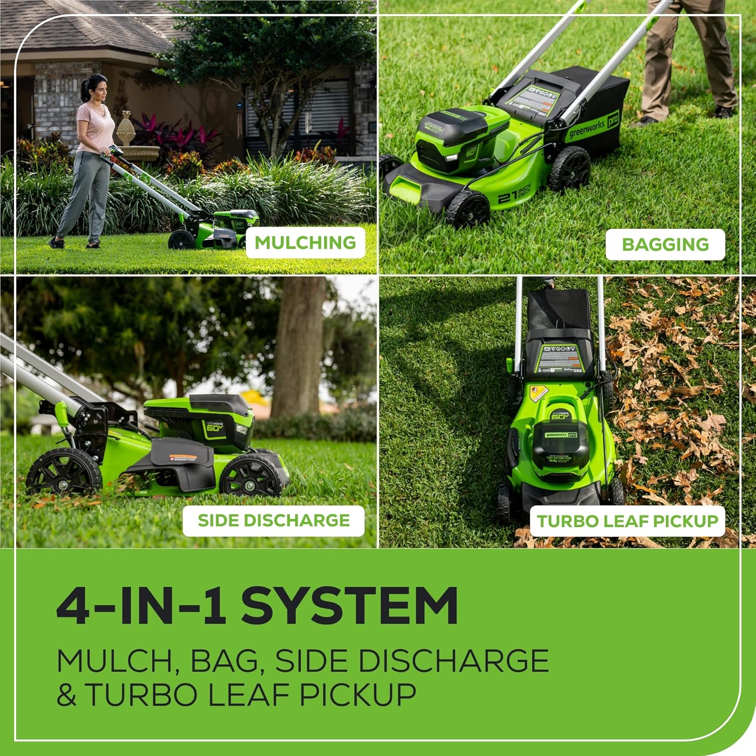 Greenworks 60V 21' Brushless (Push) Cordless Lawn Mower, 5.0Ah Battery (1/2 Acre, Rapid Charger, 4-in-1, LED Lights, IPX4)