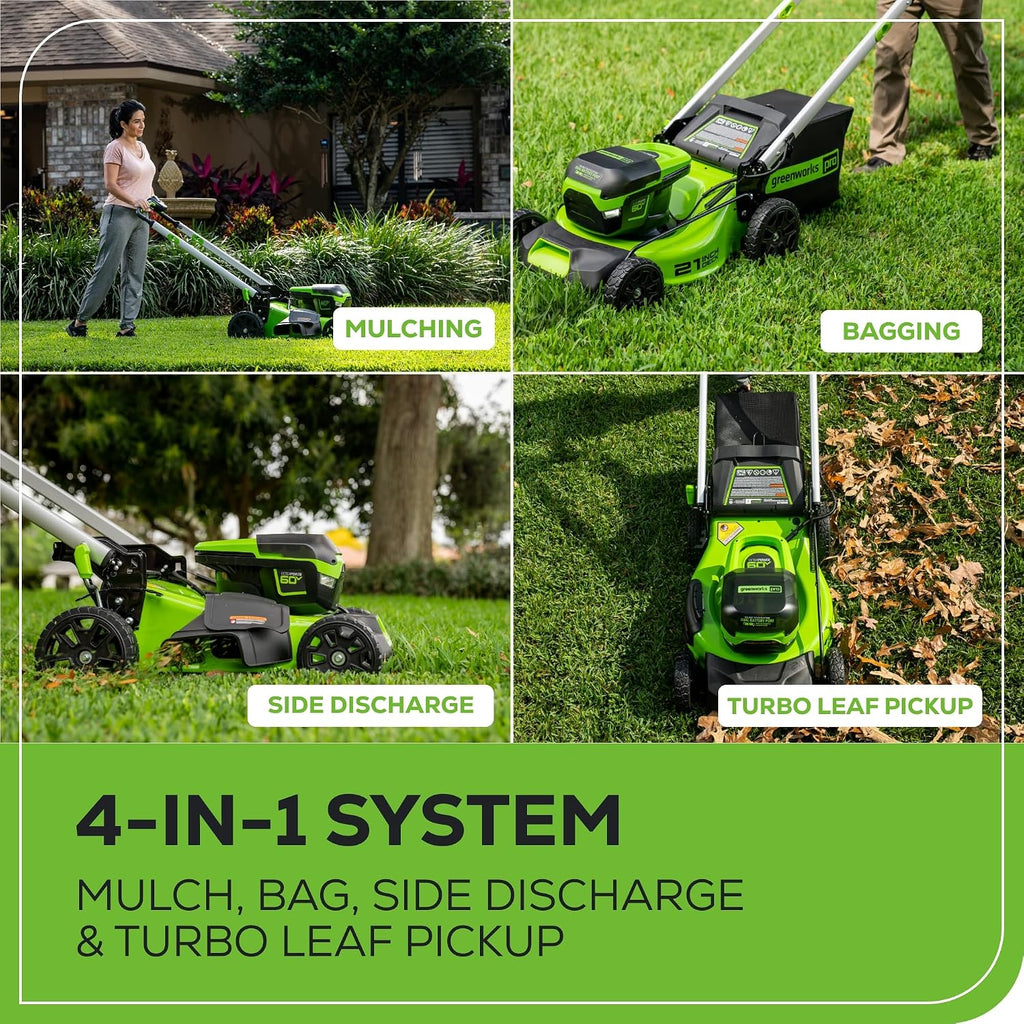 Greenworks 60V 21' Brushless (Self-Propelled) Cordless Lawn Mower, 2 x 4.0Ah Batteries (3/4 Acre, Rapid Charger, 4-in-1, LED Lights, IPX4)