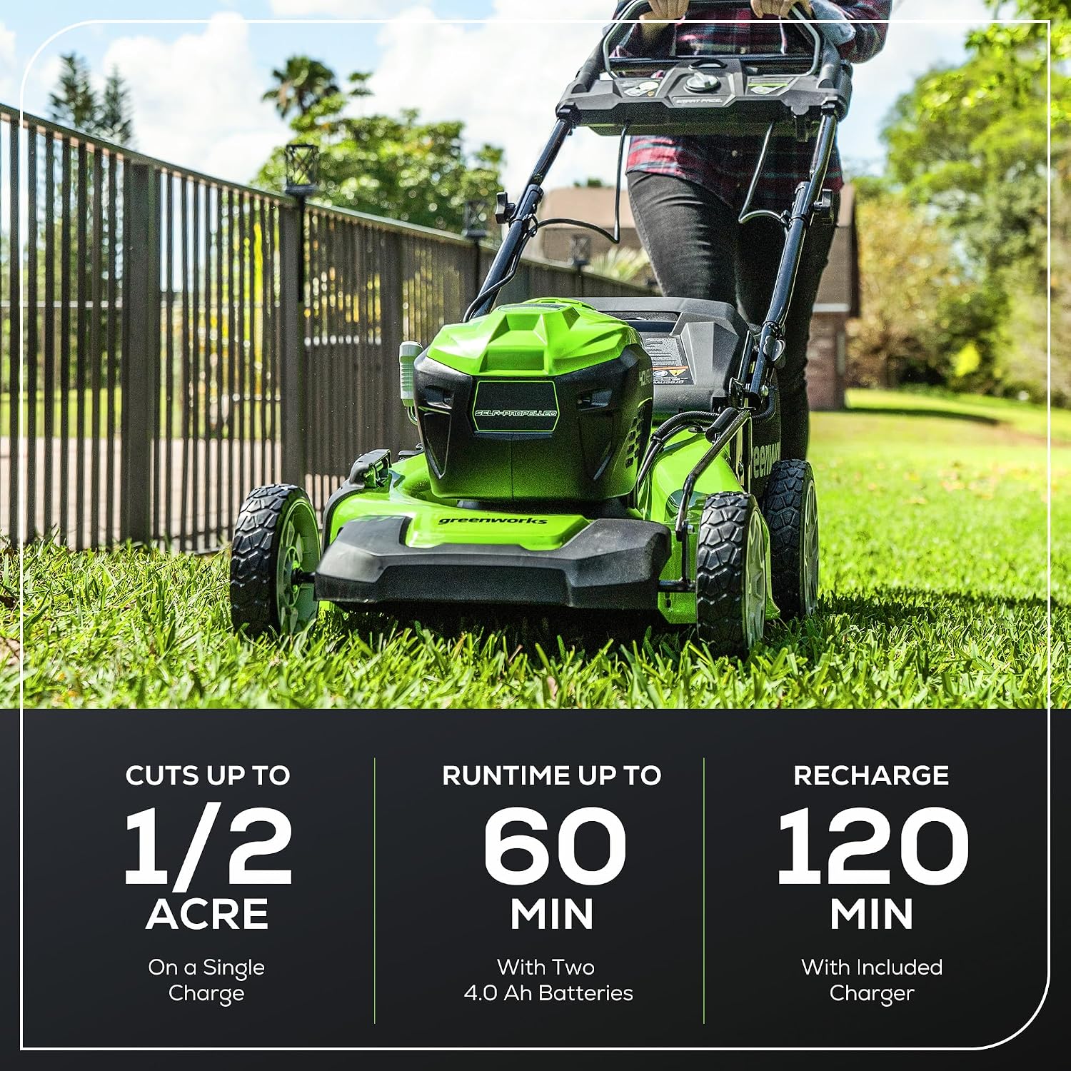 Greenworks 40V 21' Brushless Cordless (Smart Pace / Self-Propelled) Lawn Mower (75+ Compatible Tools), (2) 4.0Ah Batteries and Charger Included