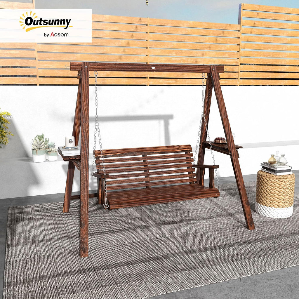 Outsunny 2-Seat orch Swing with Stand, Wooden Patio Swing Chair with Side Tables and Metal Chains, Outdoor Hanging Bench for Garden, Poolside, Backyard, Carbonized