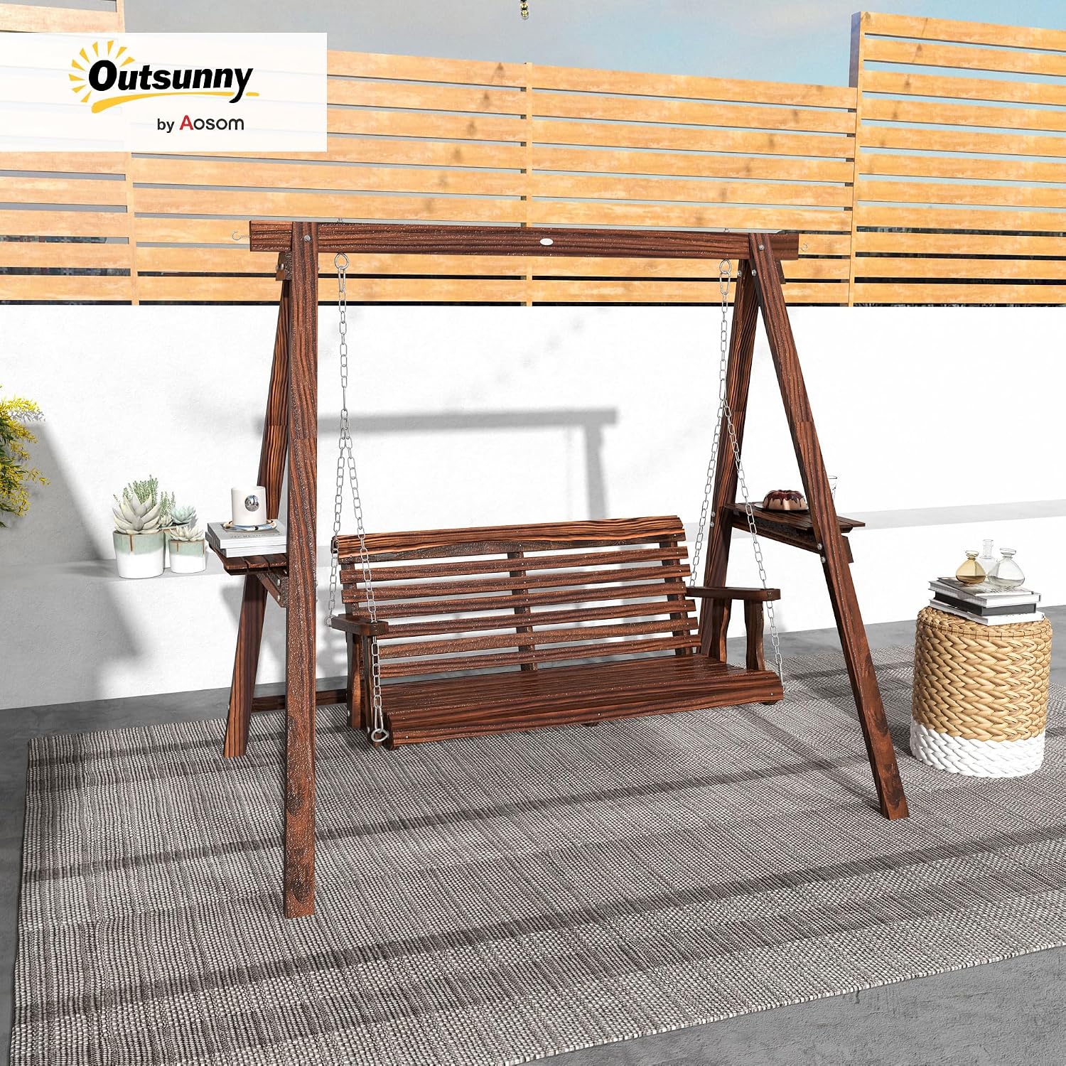 Outsunny 2-Seat orch Swing with Stand, Wooden Patio Swing Chair with Side Tables and Metal Chains, Outdoor Hanging Bench for Garden, Poolside, Backyard, Carbonized