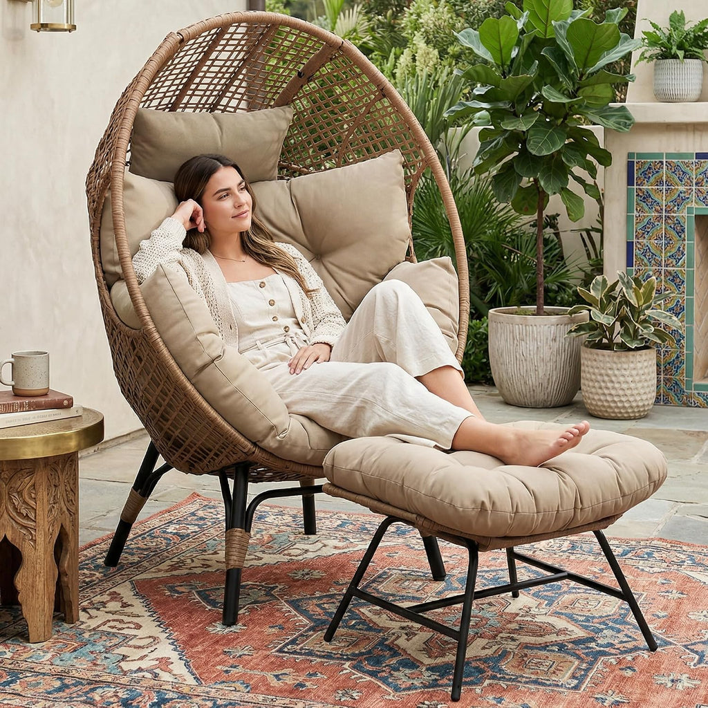 NICESOUL Indoor Outdoor Stationary Wicker Egg Chair w/Footrest, Extra Large Egg-Seat w/Cushion, 440lbs Egg-Shape Lounge Chair with Legs, Cozy Boho Rattan Chair for Patio, Balcony, Sunroom, Brown