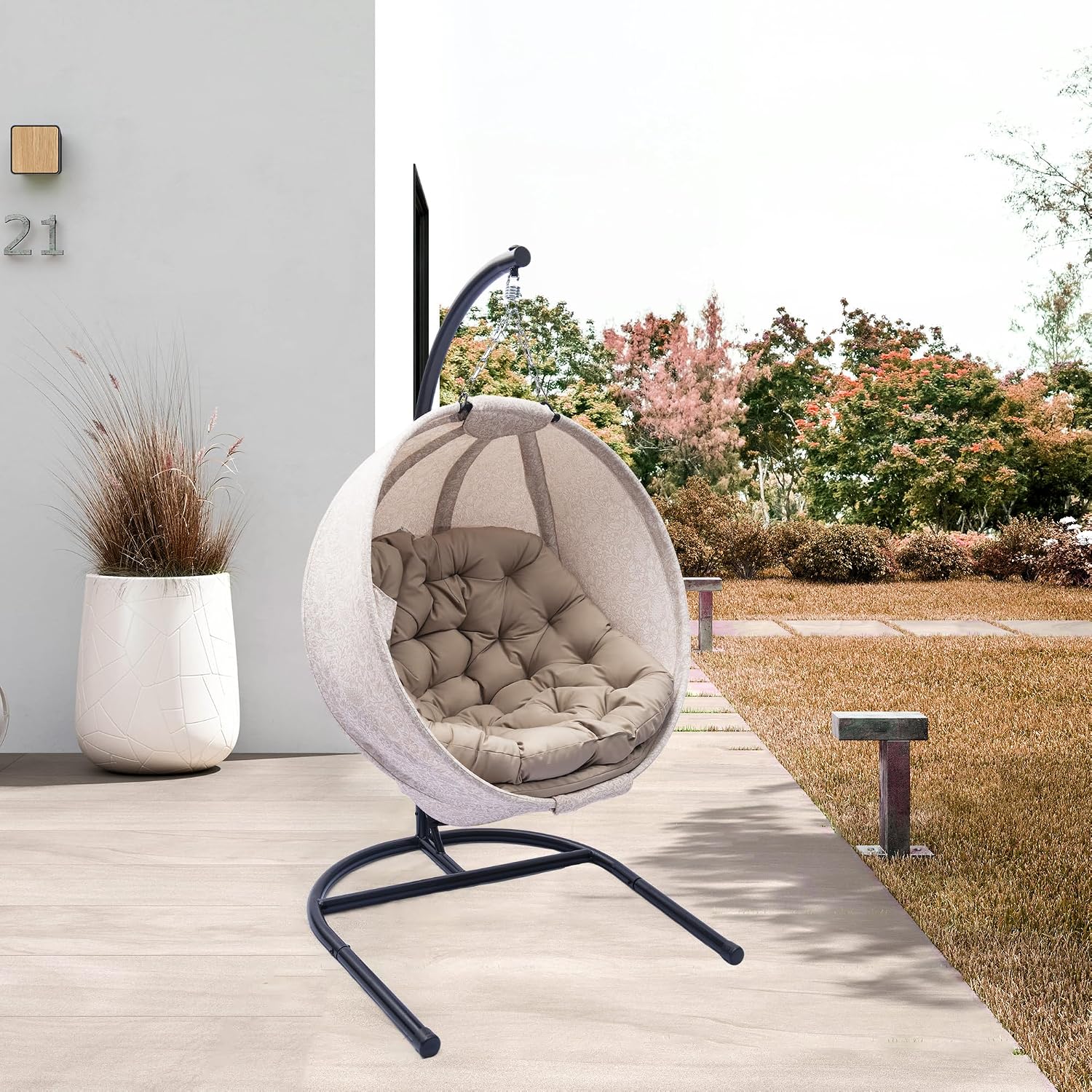 Hanging Egg Chair with Stand - Hanging Ball Chair W/Plush Cushions,Weather-Resistant Fabric, Indoor Outdoor Foldable Swing Chair for Patio, Balcony, Yard & Living Room,(Gesar Flowers Yellow)