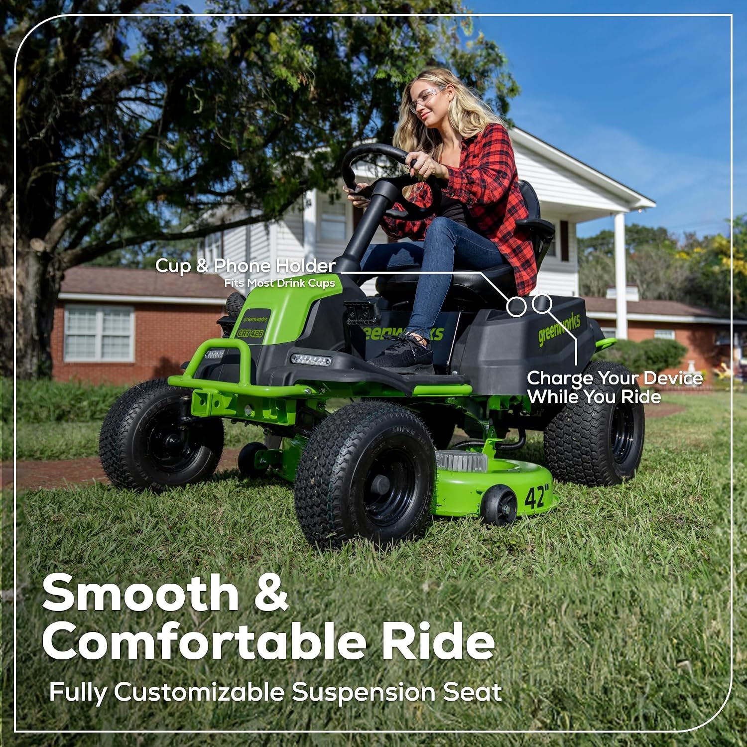Greenworks 80V 42' Riding Lawn Mower (2 Acre, 32 HP Gas Equivalent, 5 MPH, Cargo Bin, Tow Up to 200 lbs.), (4) 5.0Ah Batteries (1,600 Wh Max) + Turbo Wall Charger