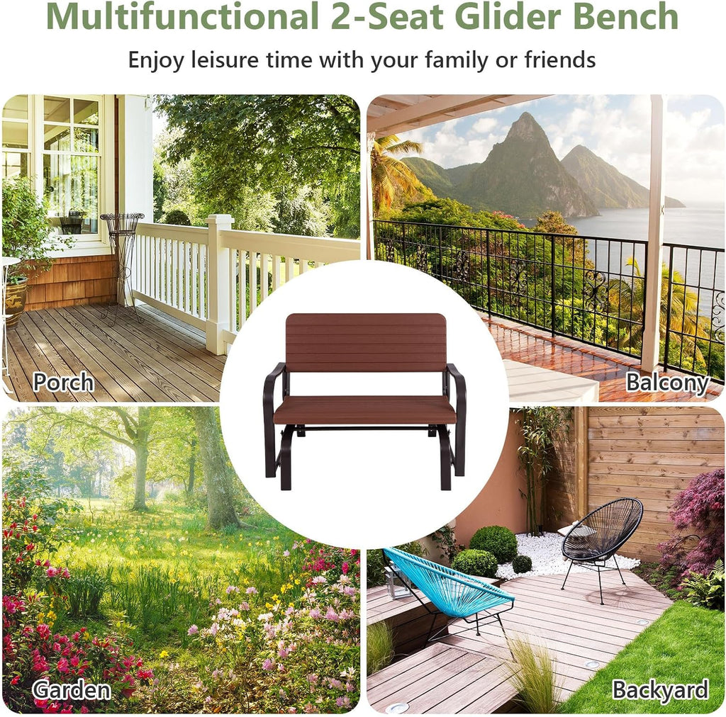 Tangkula Outdoor Glider Bench, Porch Glider Loveseat Swing Bench with w/Steel Frame, 2-Seat Rocking Chair for Porch, Garden, Backyard, Lawn (Coffee)