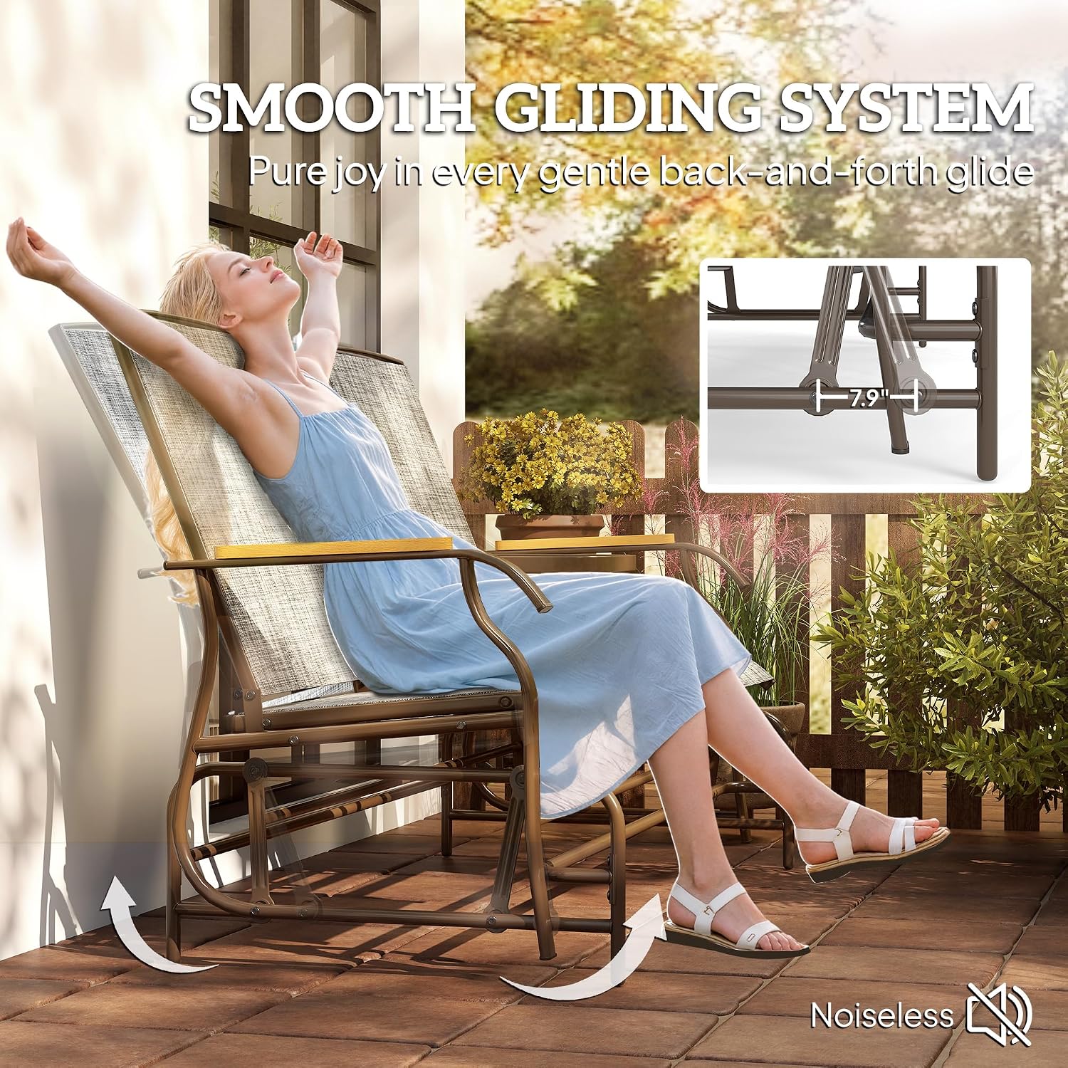 Outsunny 2 Person Outdoor Glider Bench, Patio Swing Glider Chair Loveseat with Breathable Mesh, Table, Steel Frame for Garden, Backyard, Porch, Gray