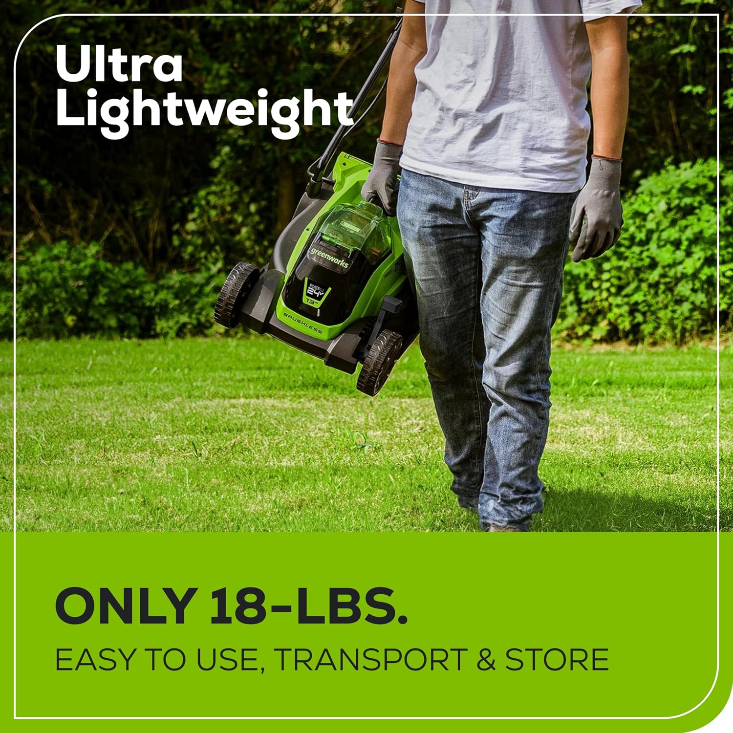 Greenworks 24V 13' Brushless Cordless Lawn Mower with 4.0Ah Battery & Charger,Maintenance-Free Push Mower with 2-in-1 Mulch/Bag