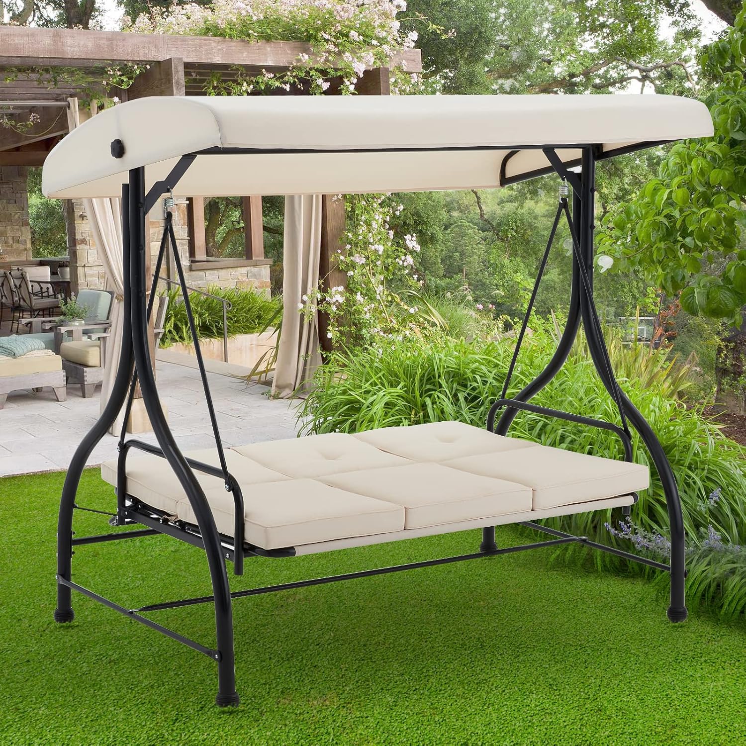 AECOJOY Porch Swing Chair, 3 Seats Porch Swing Adjustable Canopy Outdoor Swing with Stand Patio Swing Bed with Removable Beige Cushions