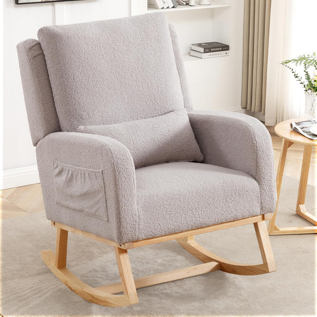 HCHAIRH Rocking Chair Nursery, Sherpa Nursing Rocking Chairs, Upholstered Nursery Glider Rocker for Mom Nursery Morden Accent Rocking Chair Pillow for Living Room,Bedroom,Teddy Light Grey