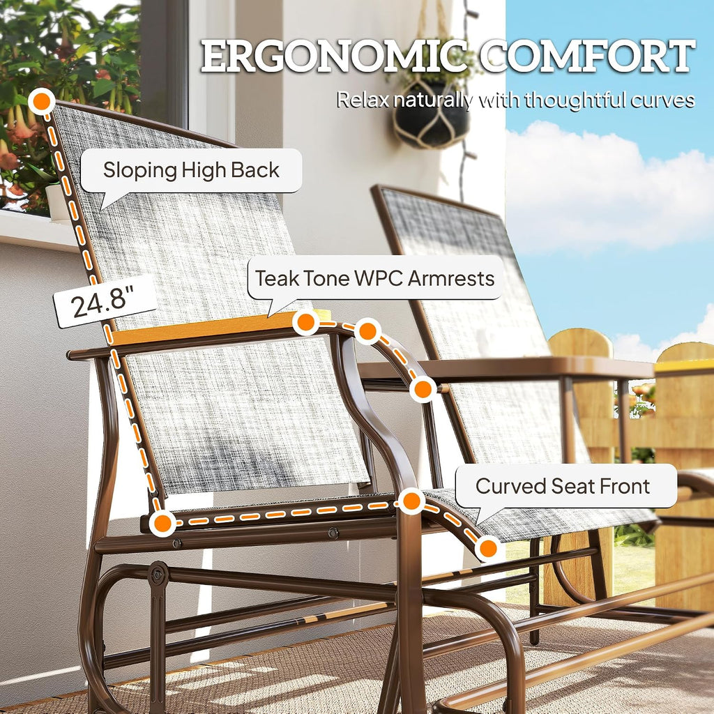Outsunny 2 Person Outdoor Glider Bench, Patio Swing Glider Chair Loveseat with Breathable Mesh, Table, Steel Frame for Garden, Backyard, Porch, Gray