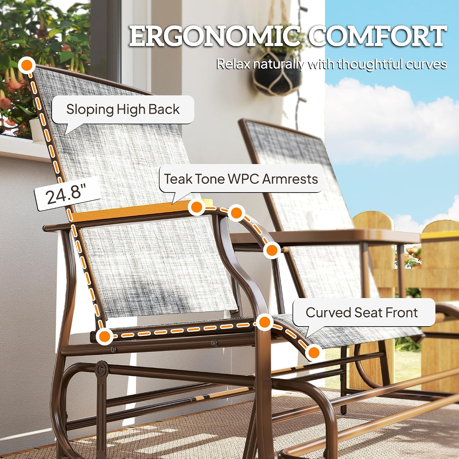 Outsunny 2 Person Outdoor Glider Bench, Patio Swing Glider Chair Loveseat with Breathable Mesh, Table, Steel Frame for Garden, Backyard, Porch, Gray